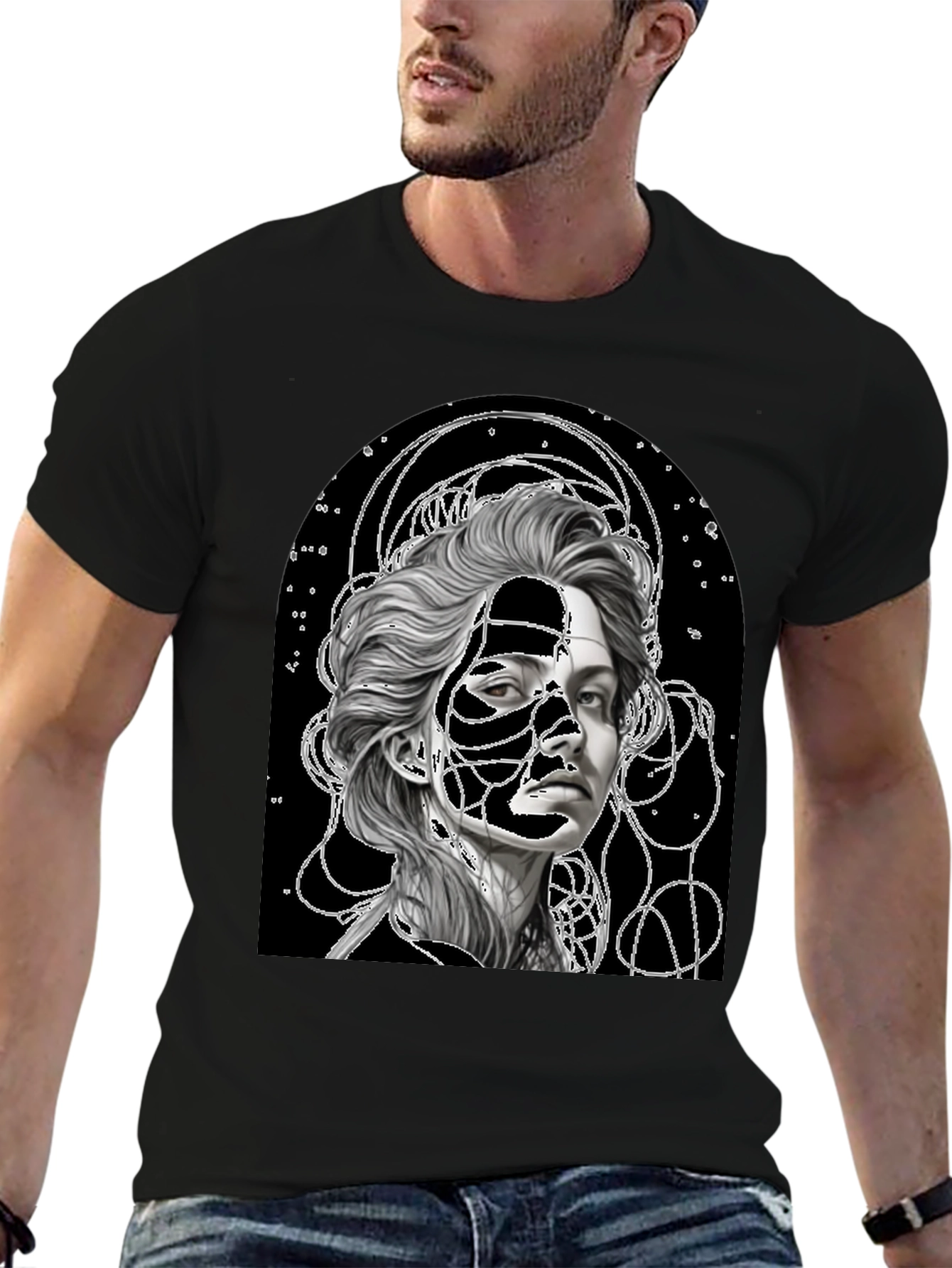 Black Abstract Portrait Graphic Tee - Stylish Black T-Shirt view 6