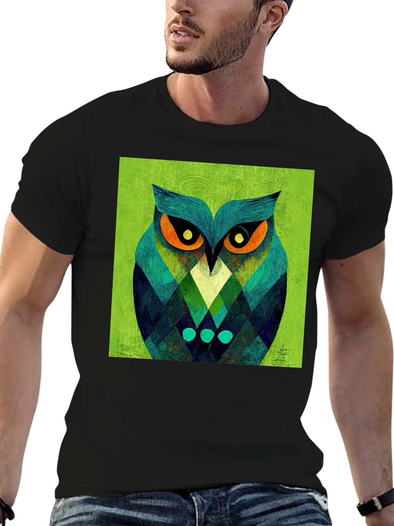 Black Geometric Owl Graphic Tee - Black Cotton Blend view 6