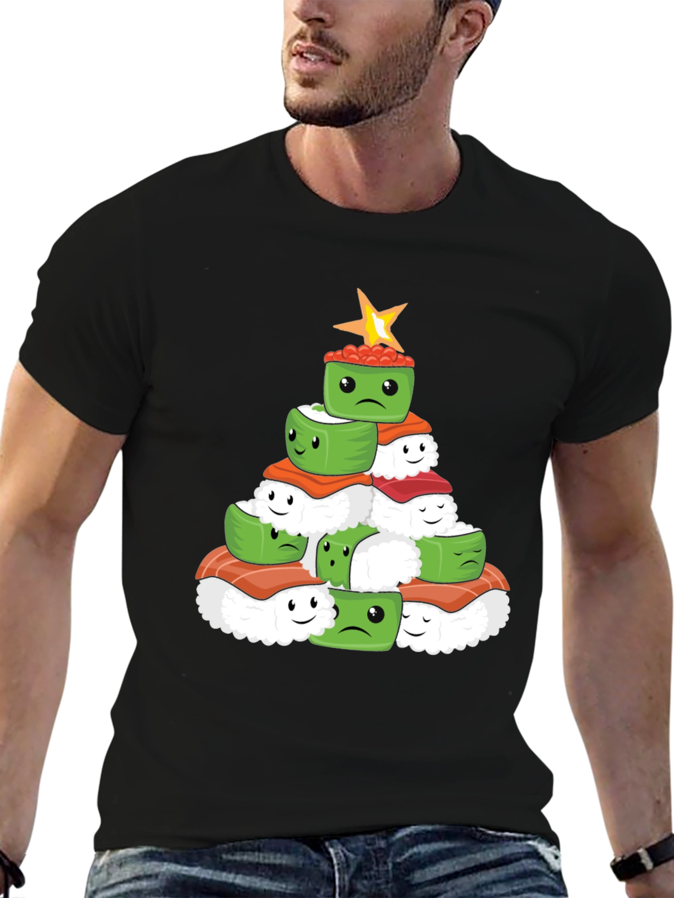 Black Sushi Christmas Tree Graphic Tee - Holiday Apparel view 6