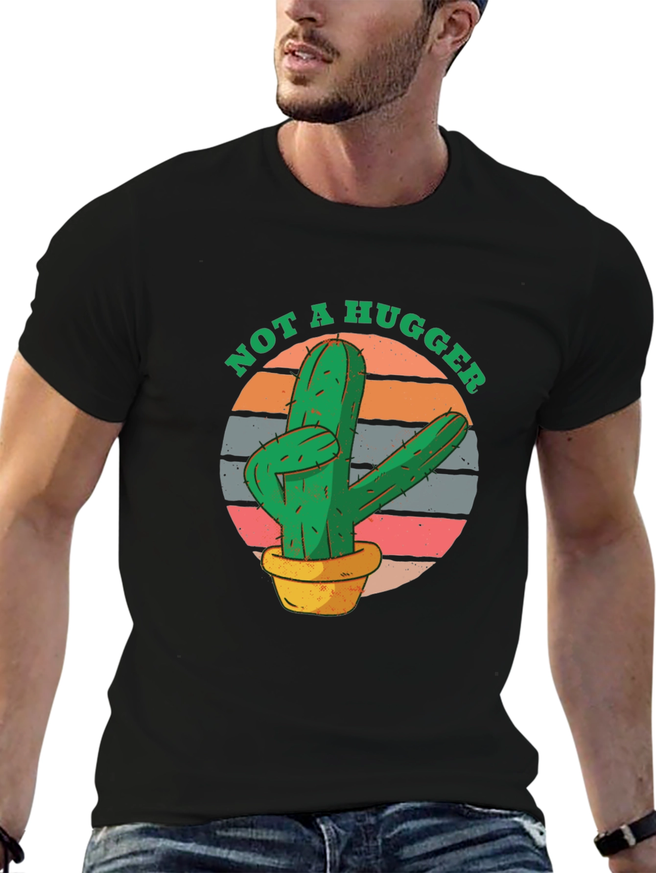 Black Not A Hugger Cactus Graphic Tee - Unisex Black T-Shirt view 6