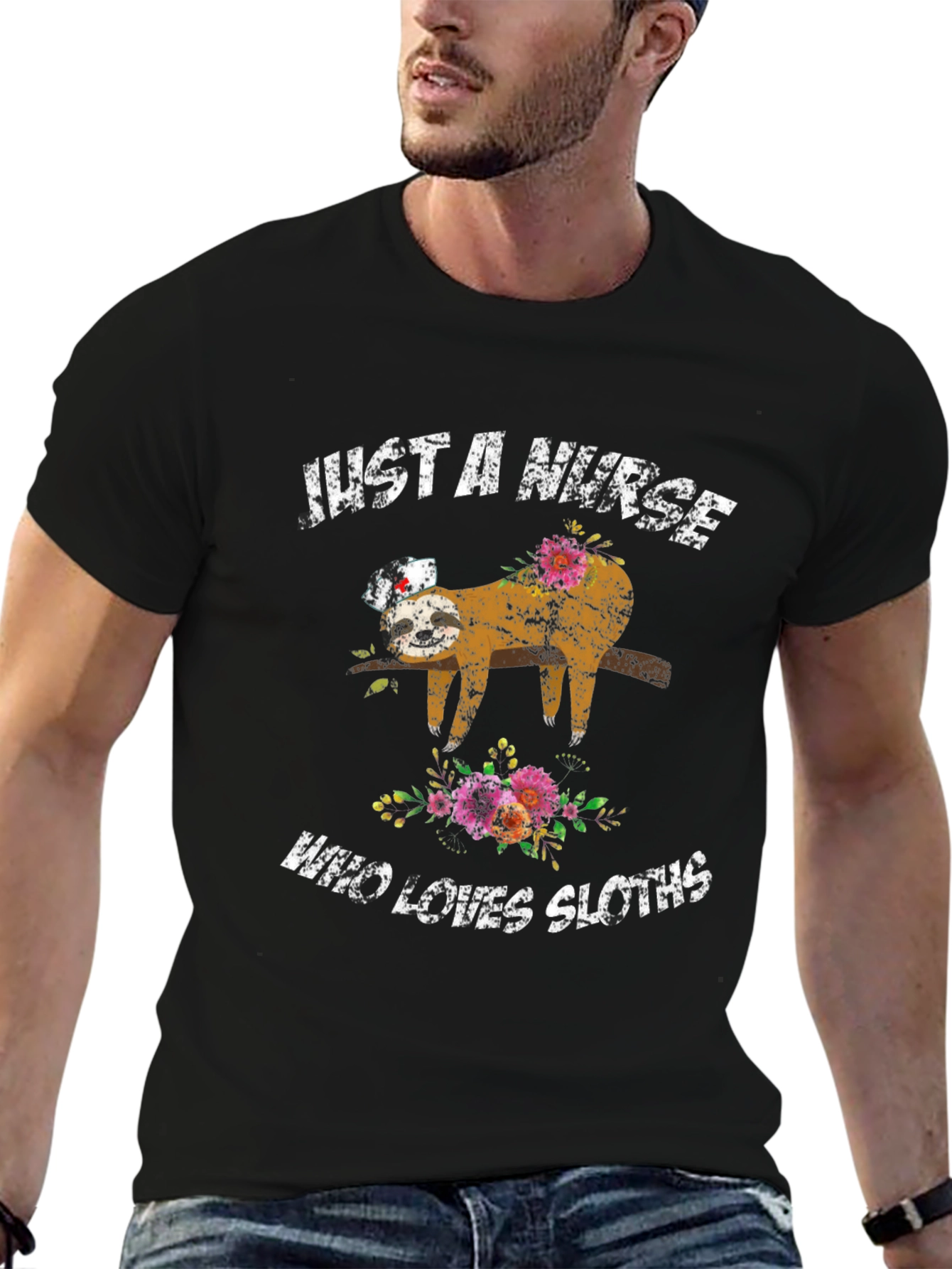Black Just a Nurse Who Loves Sloths T-Shirt view 6