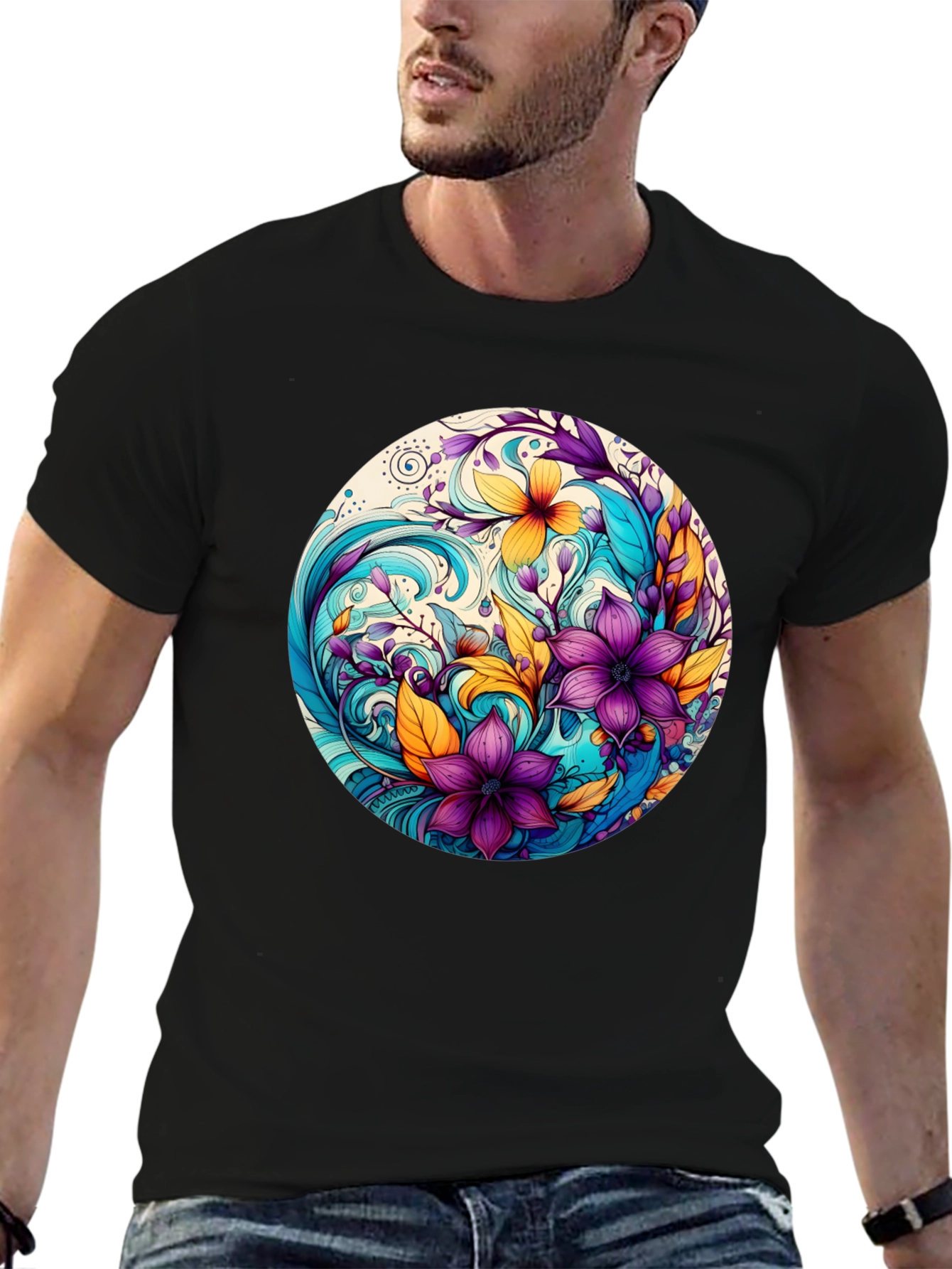 Black Floral Swirl Graphic Black T-Shirt view 6