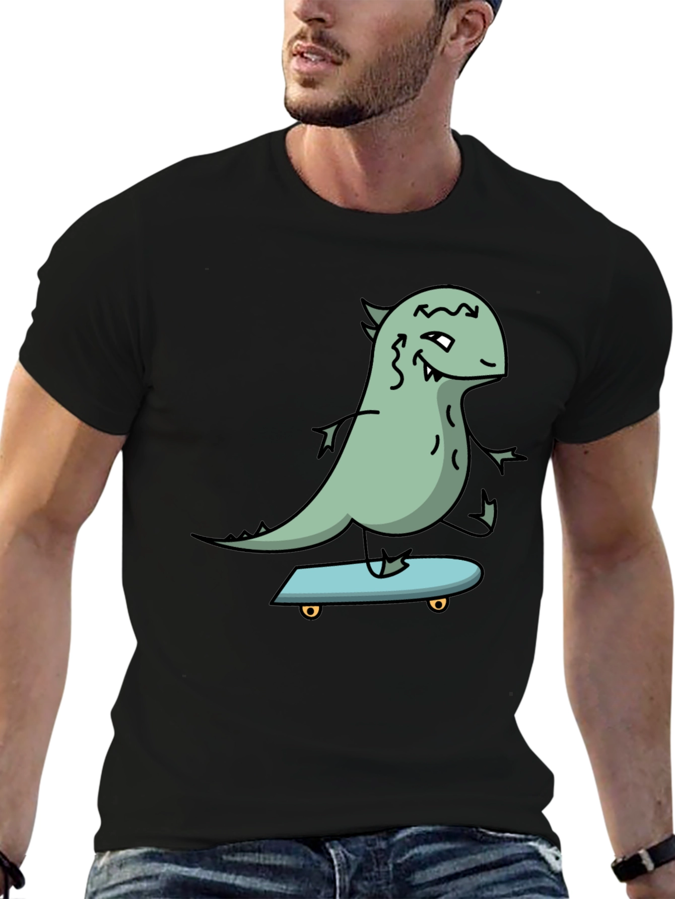 Black Dino Skateboarder Graphic Tee - Black Cotton T-Shirt view 6