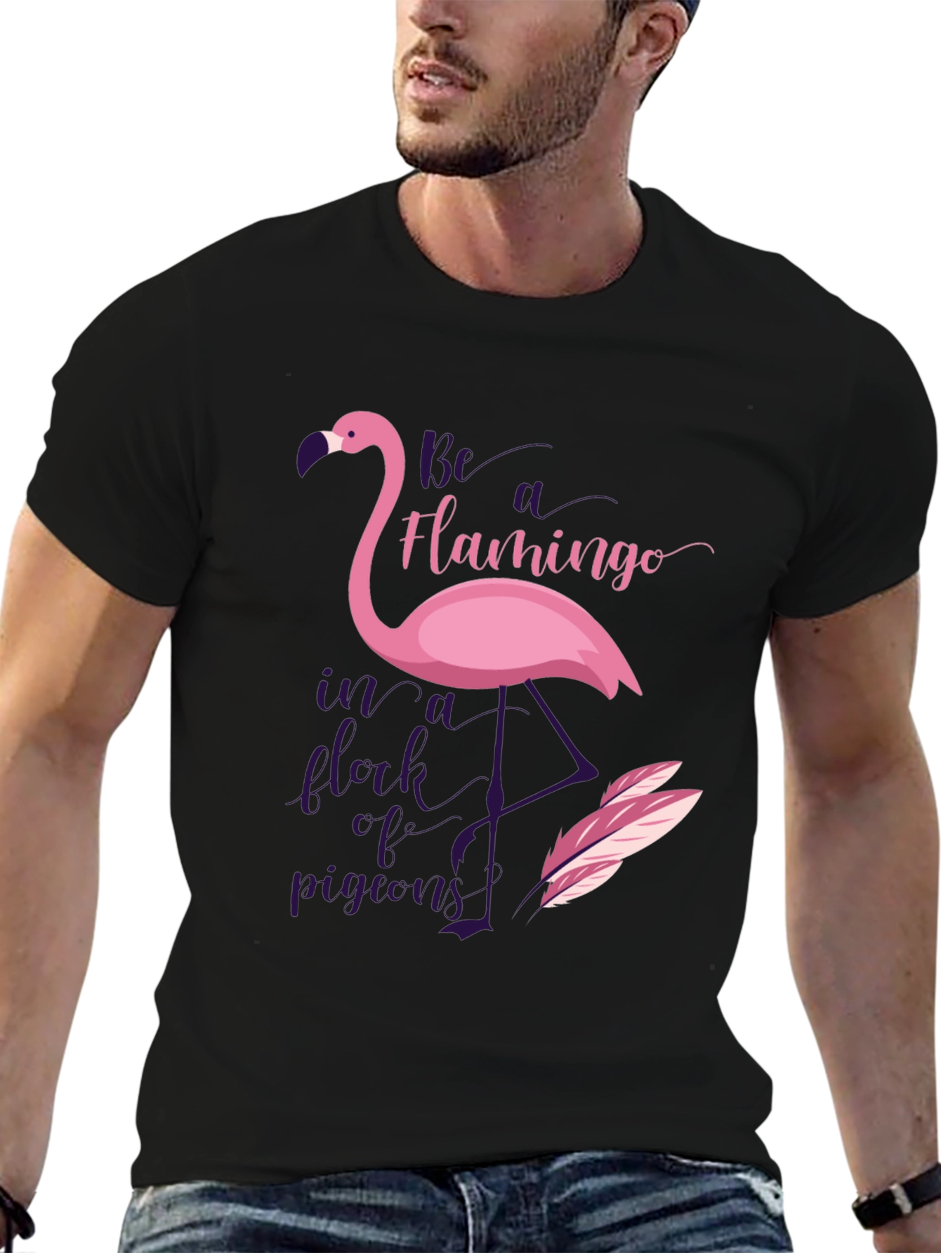 Black Be A Flamingo in a Flock of Pigeons Graphic T-Shirt view 6