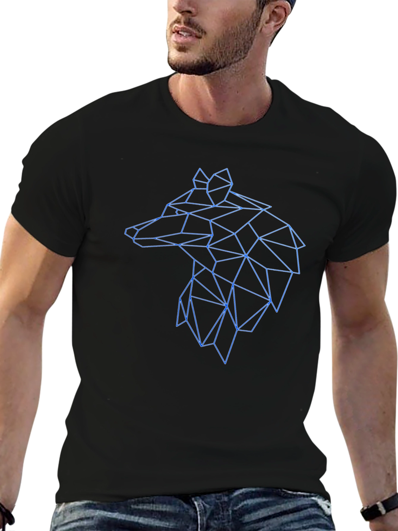 Black Geometric Wolf Head Graphic Black Tee view 6