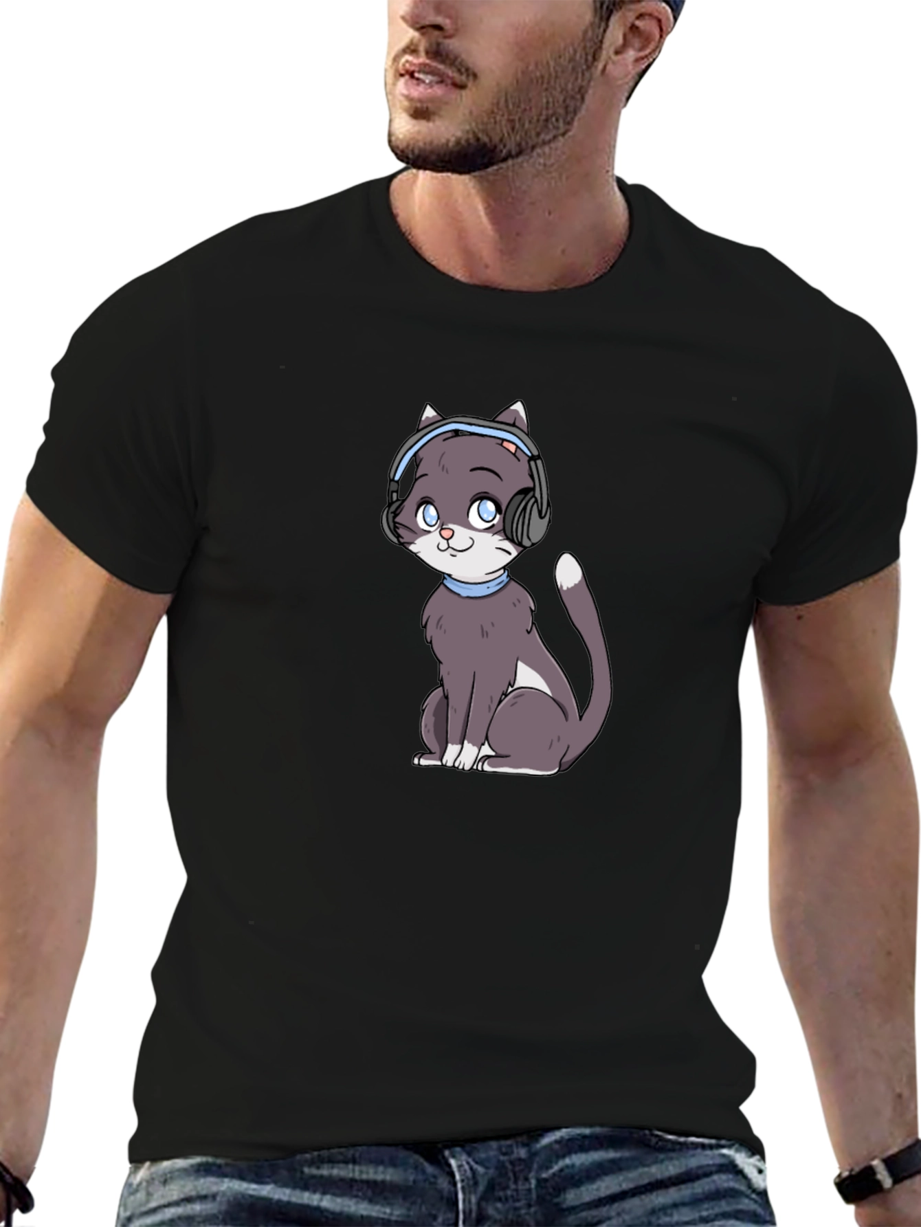Black Cat with Headphones Black T-Shirt view 6