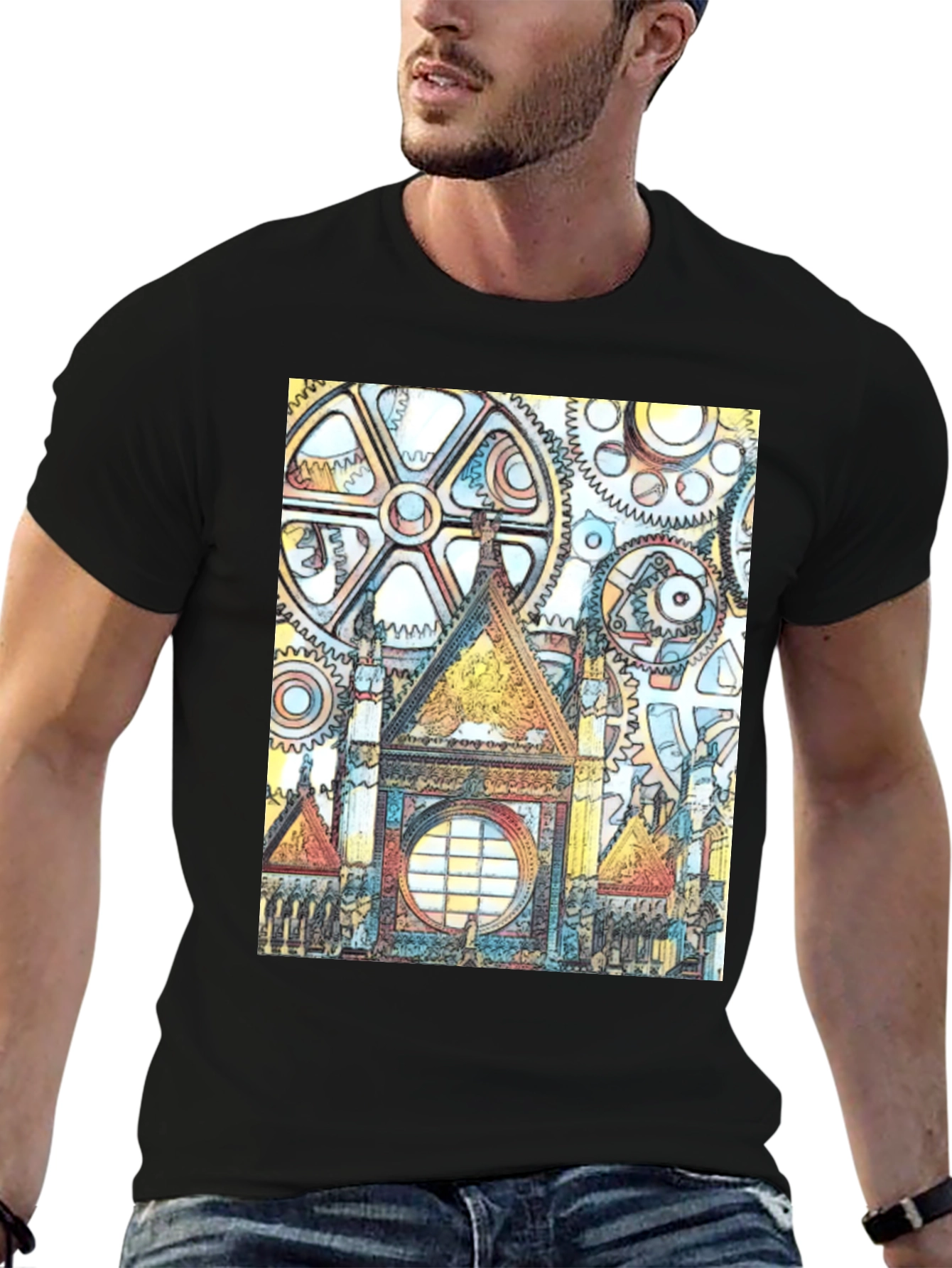 Black Steampunk Clockwork Castle T-Shirt view 6