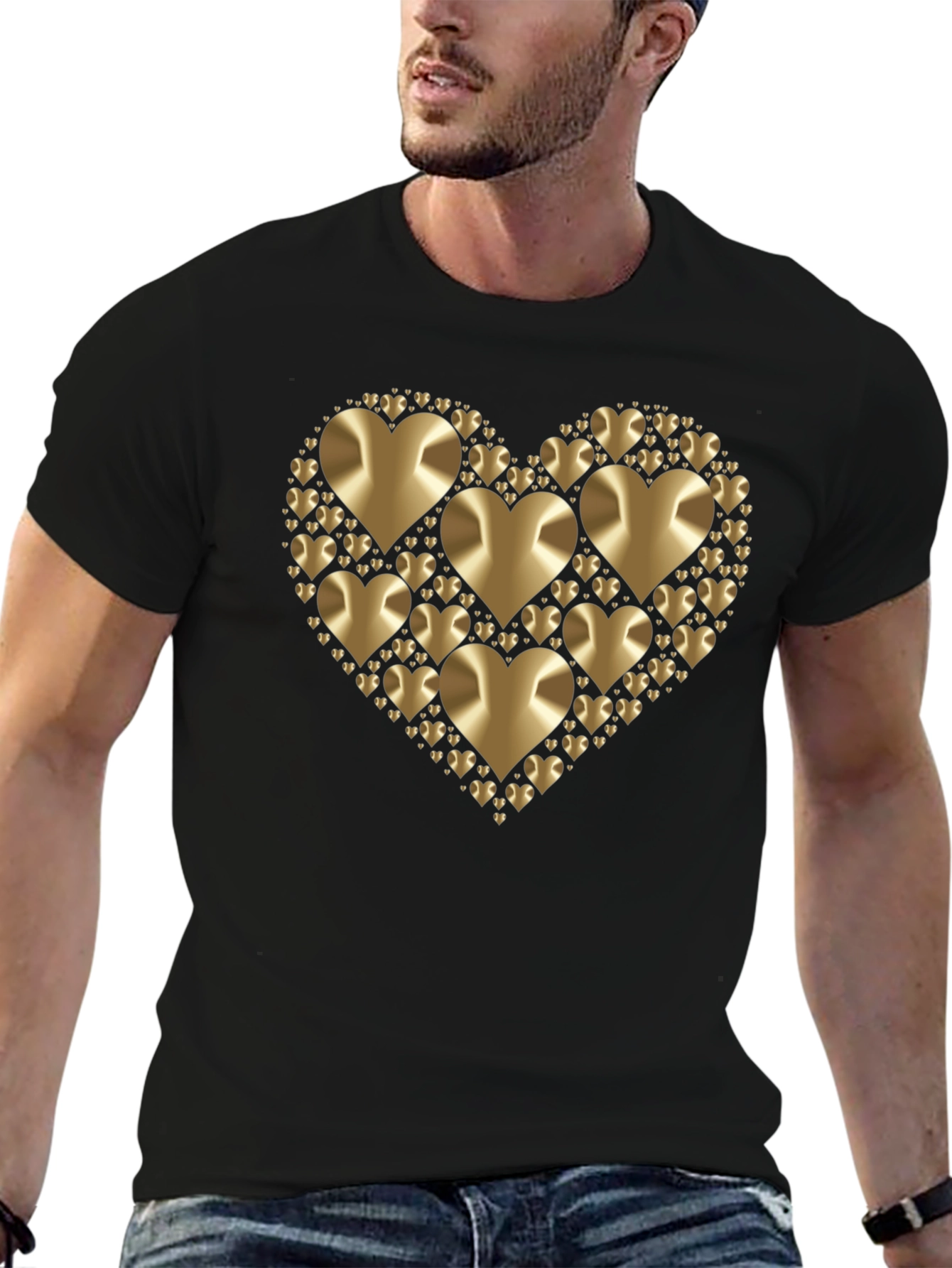 Black Golden Heart Graphic Black T-Shirt view 6