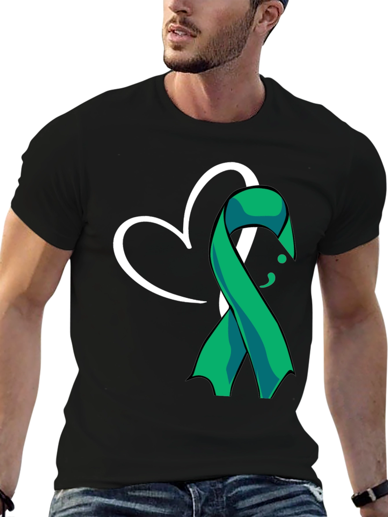 Black Semicolon Heart Ribbon Mental Health T-Shirt view 6