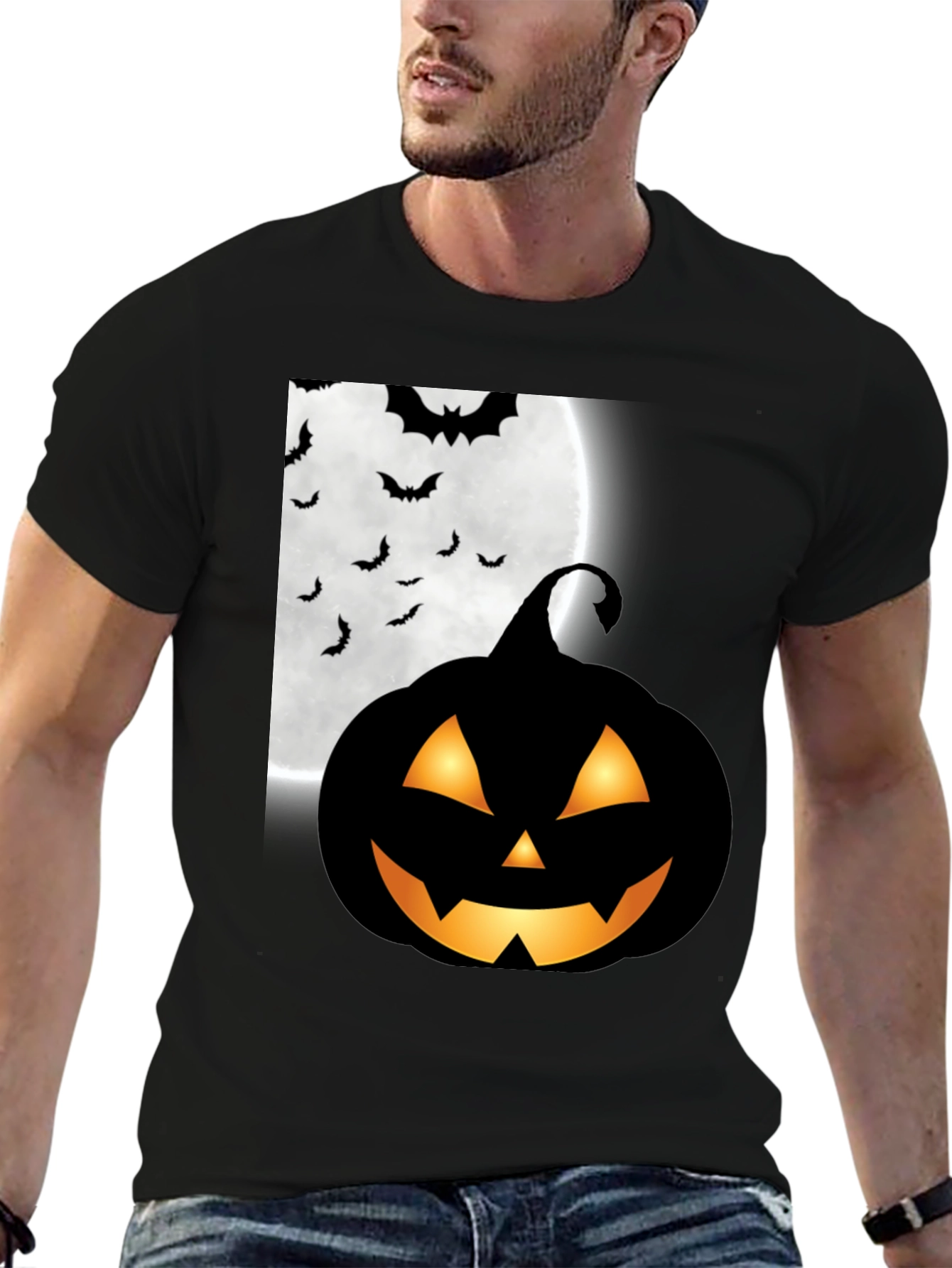Black Halloween Pumpkin Bat Moon Graphic T-Shirt view 6