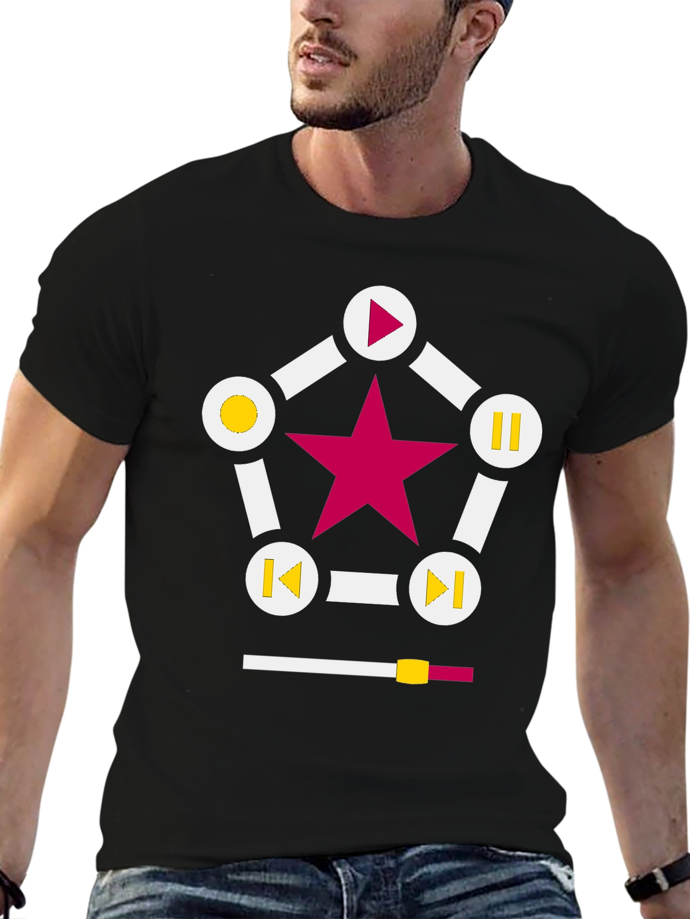 Black Retro Music Star T-Shirt - Black, Play Pause Design view 6