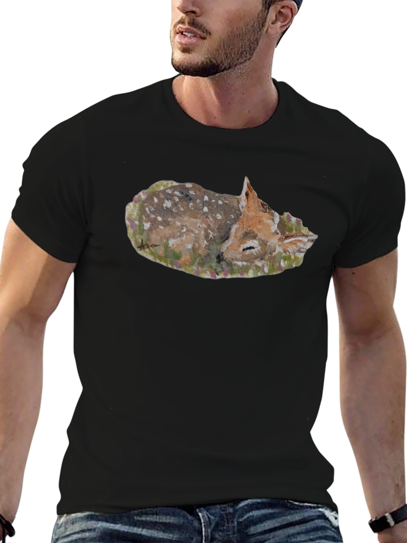 Black Sleeping Fawn Graphic Tee - Unisex Black T-Shirt view 6