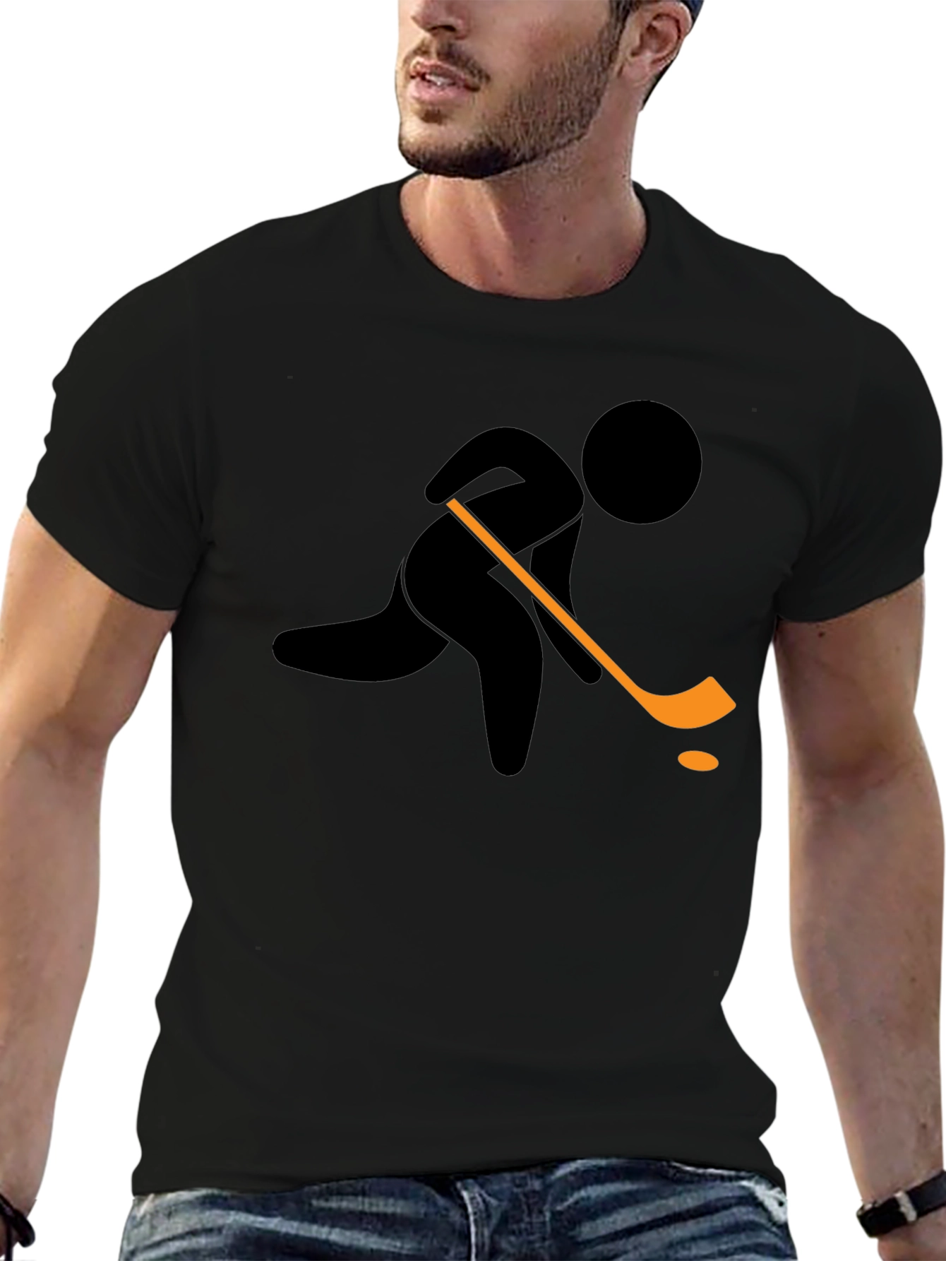 Black Hockey Player Graphic T-Shirt - Black Cotton Tee view 6