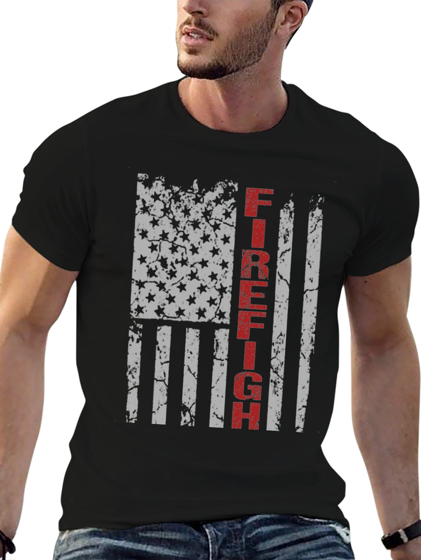 Black Firefighter American Flag Graphic T-Shirt view 6