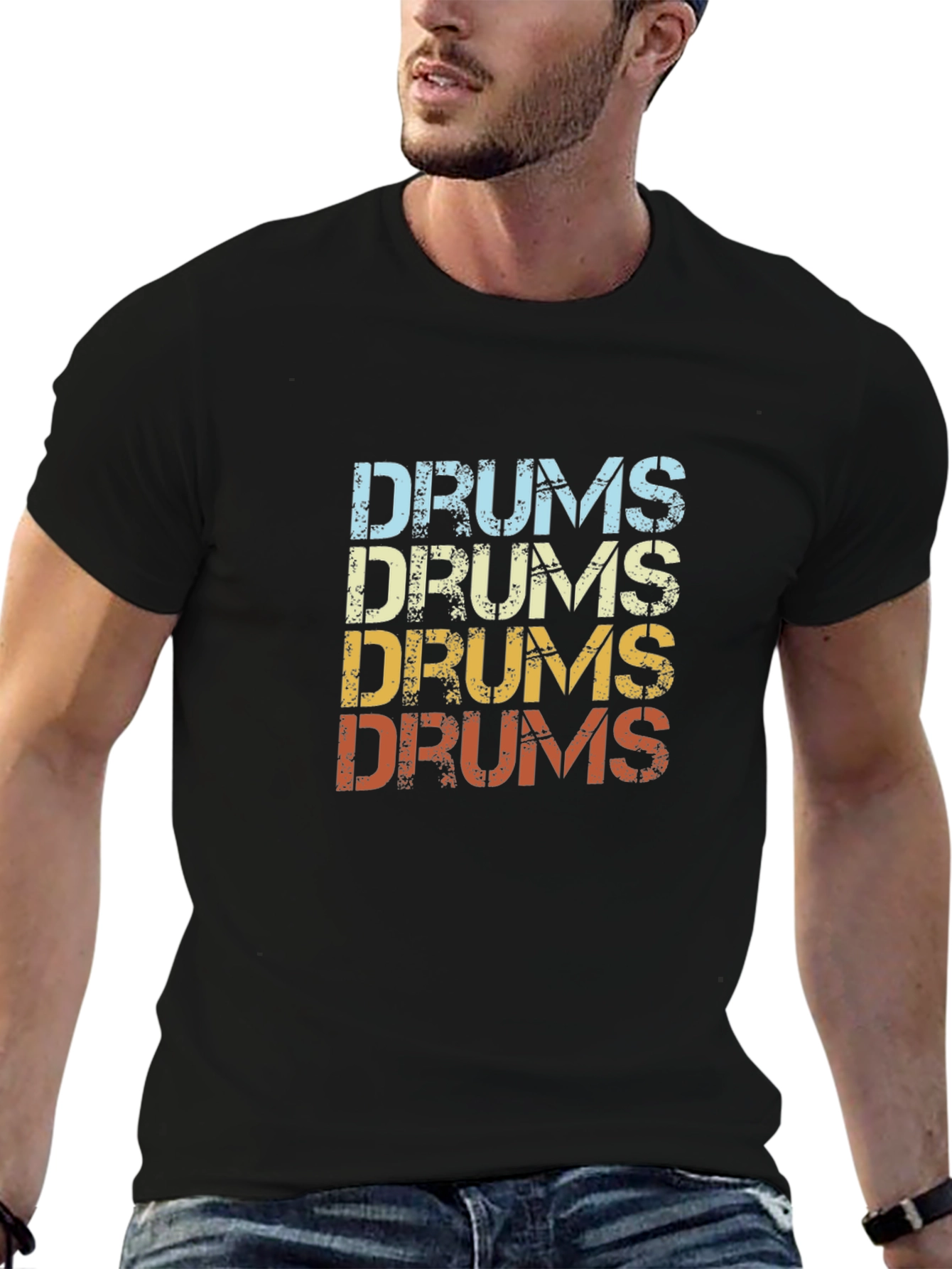 Black Retro Drums Graphic Tee - Black Cotton T-Shirt view 6
