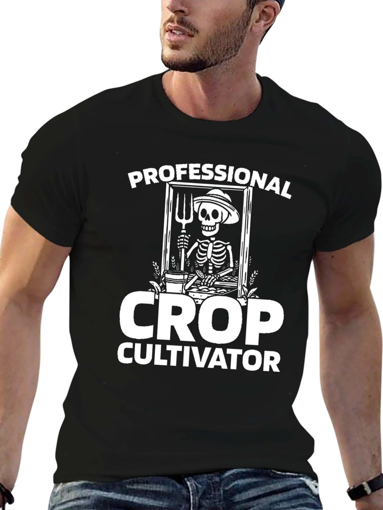 Black Professional Crop Cultivator T-Shirt - Skeleton Farmer Tee view 6