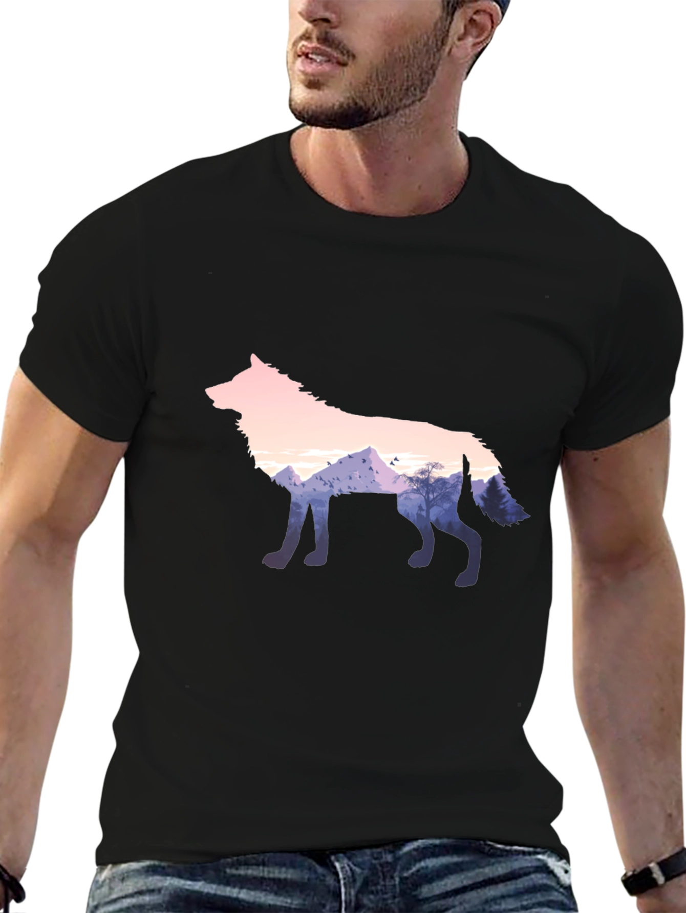 Black Wolf Silhouette Graphic Black T-Shirt view 6