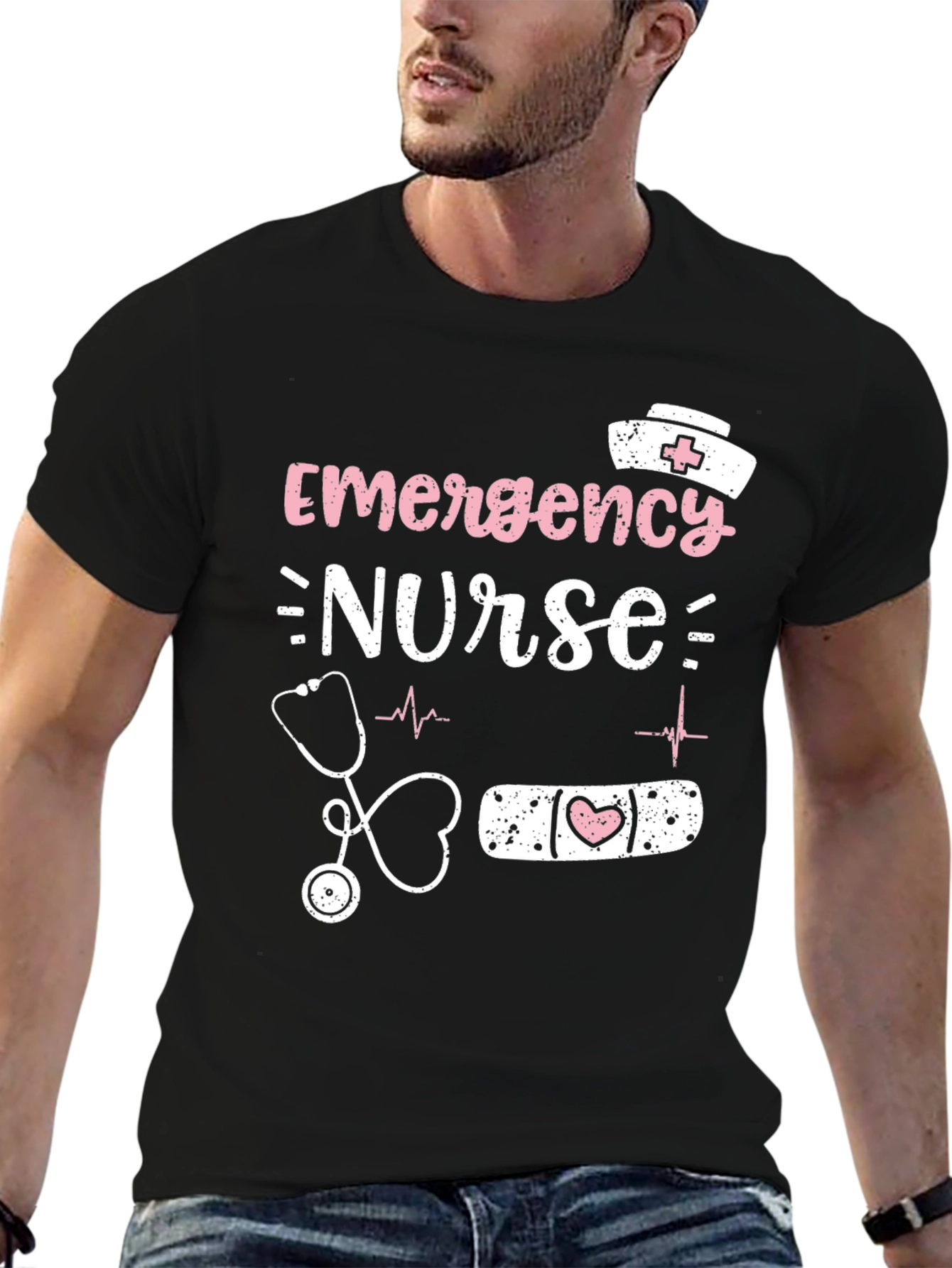 Black Emergency Nurse T-Shirt: Heartbeat, Stethoscope Graphic Tee view 6