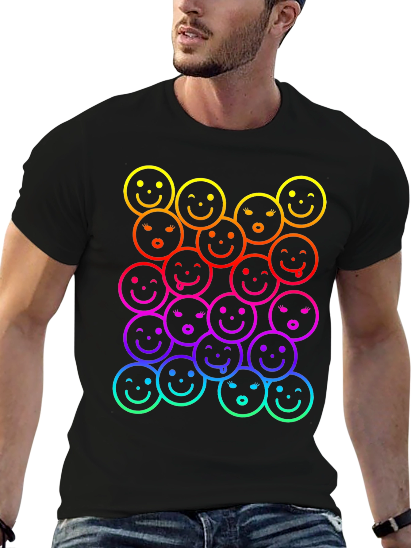 Black Rainbow Smiley Face Graphic Print T-Shirt view 6