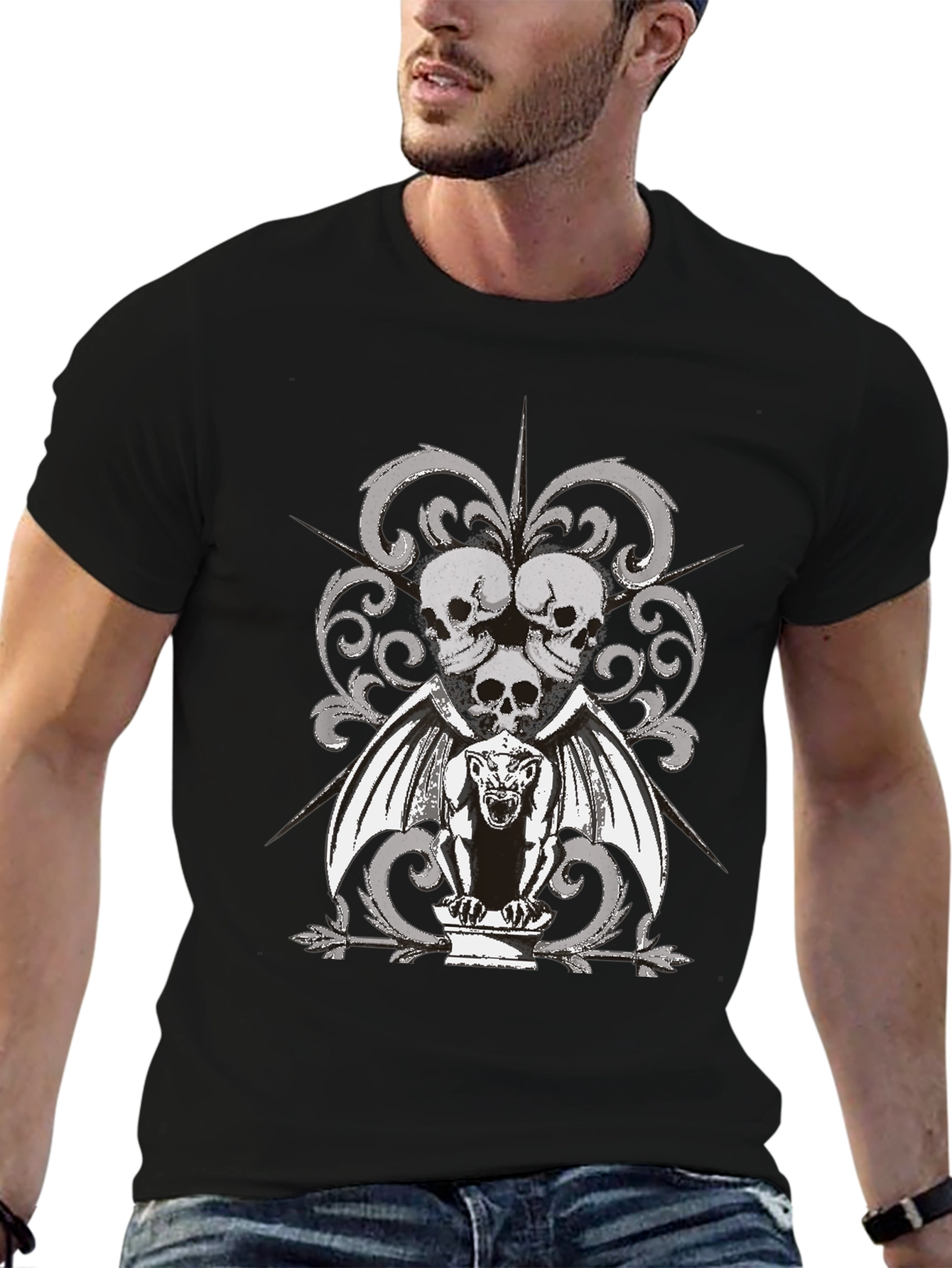 Black Skull & Gargoyle Graphic Black T-Shirt view 6