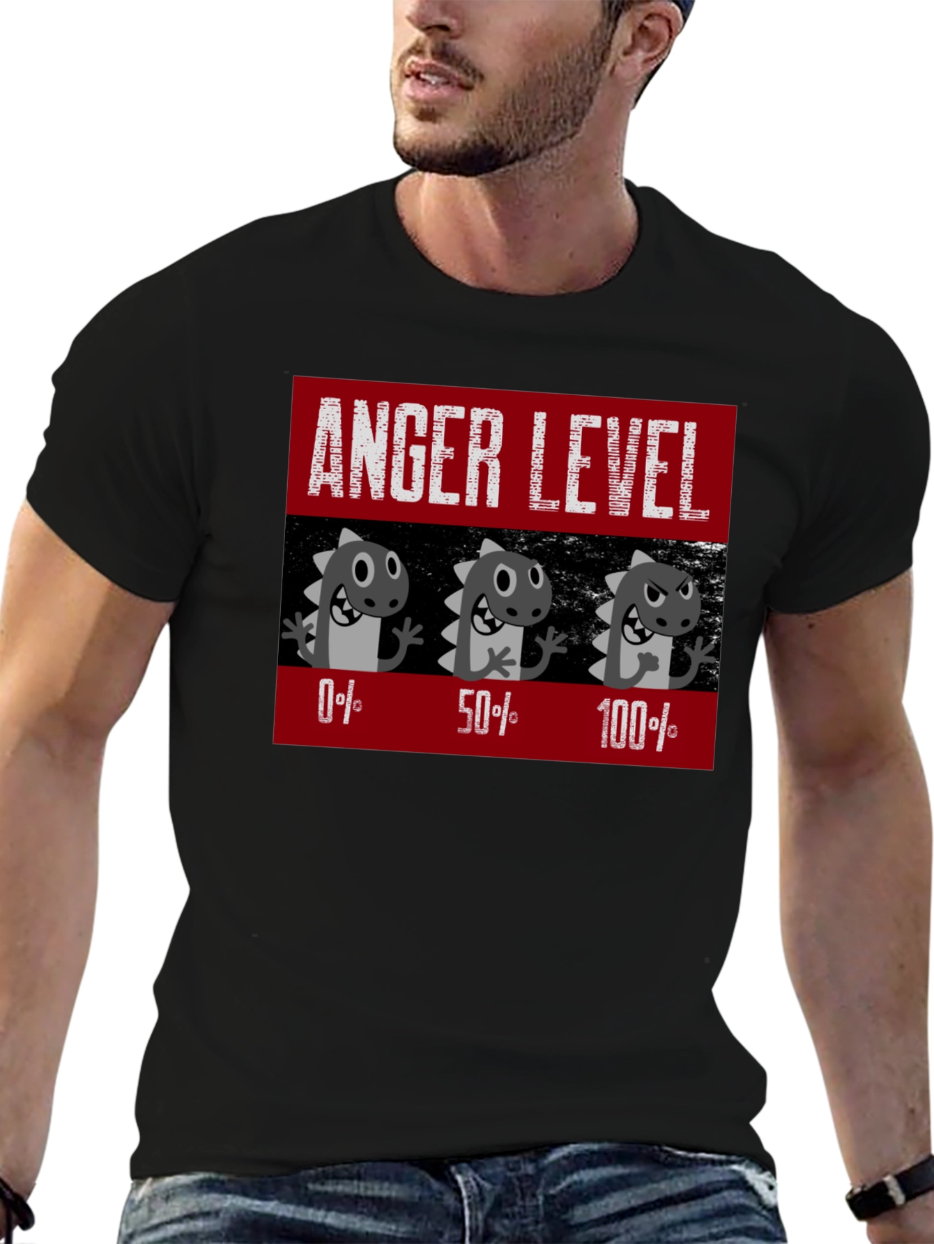 Black Anger Level T-Shirt, Funny Dinosaur Mood Tee view 6