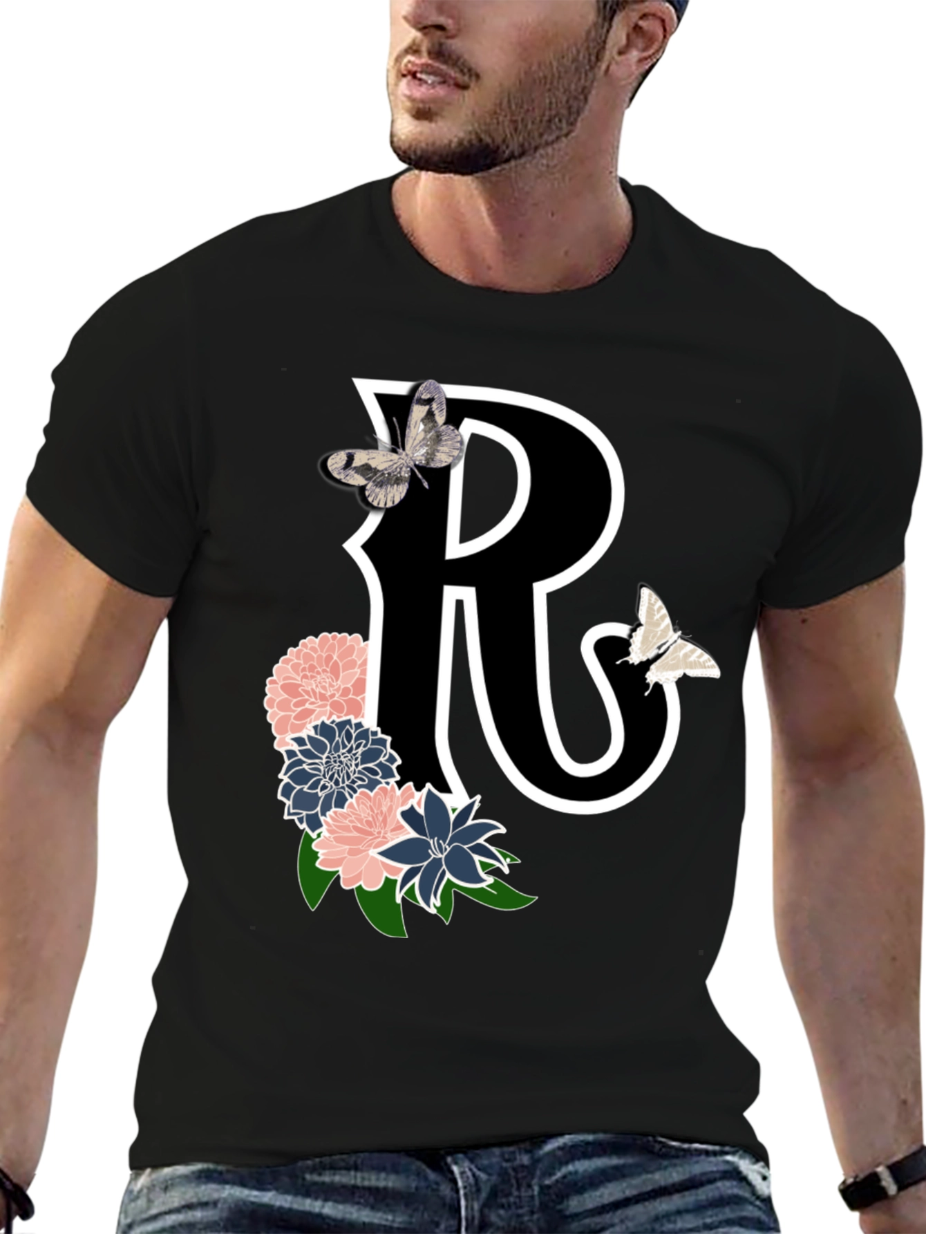 Black Letter R Floral Butterfly Black T-Shirt view 6