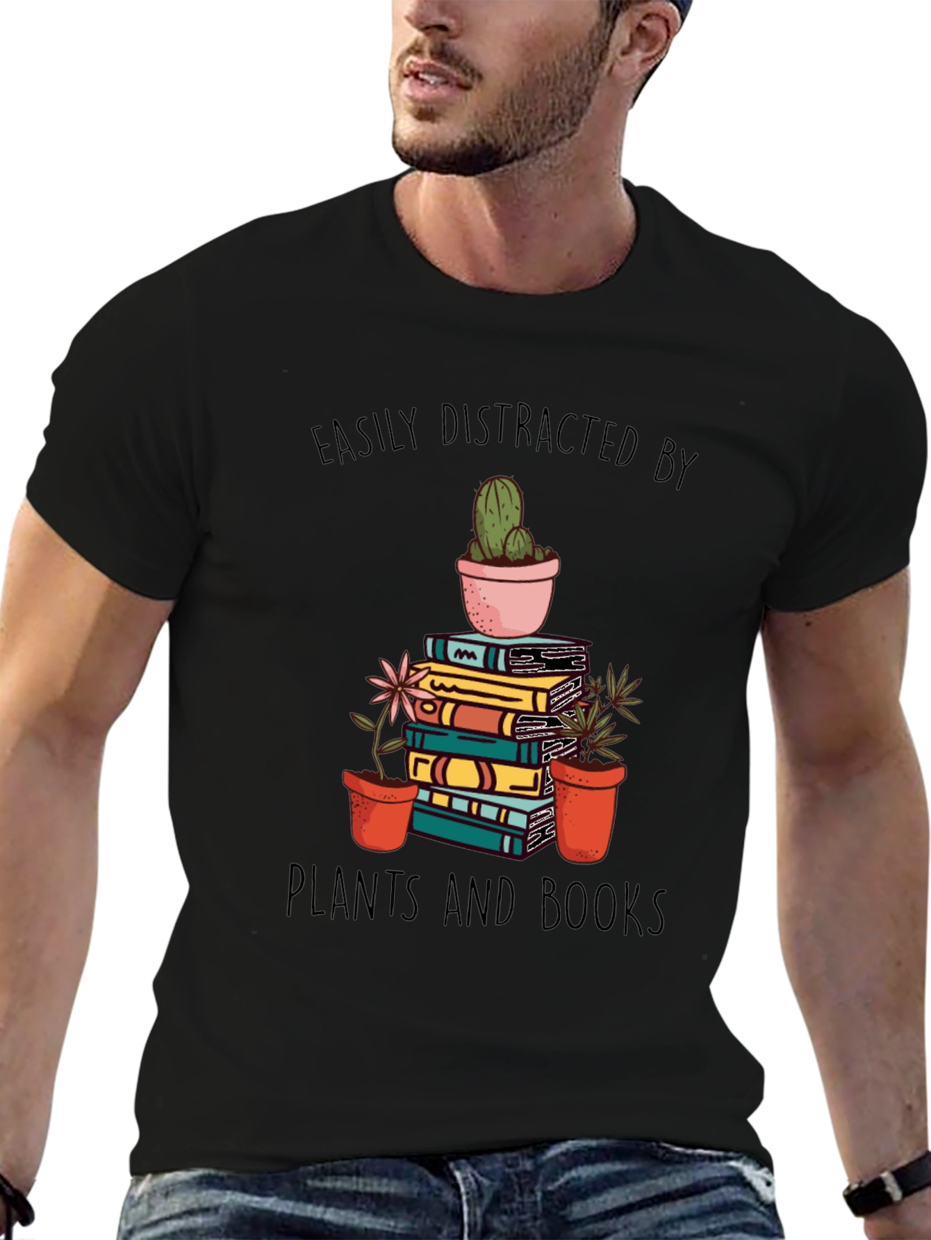 Black Easily Distracted by Plants and Books T-Shirt view 6