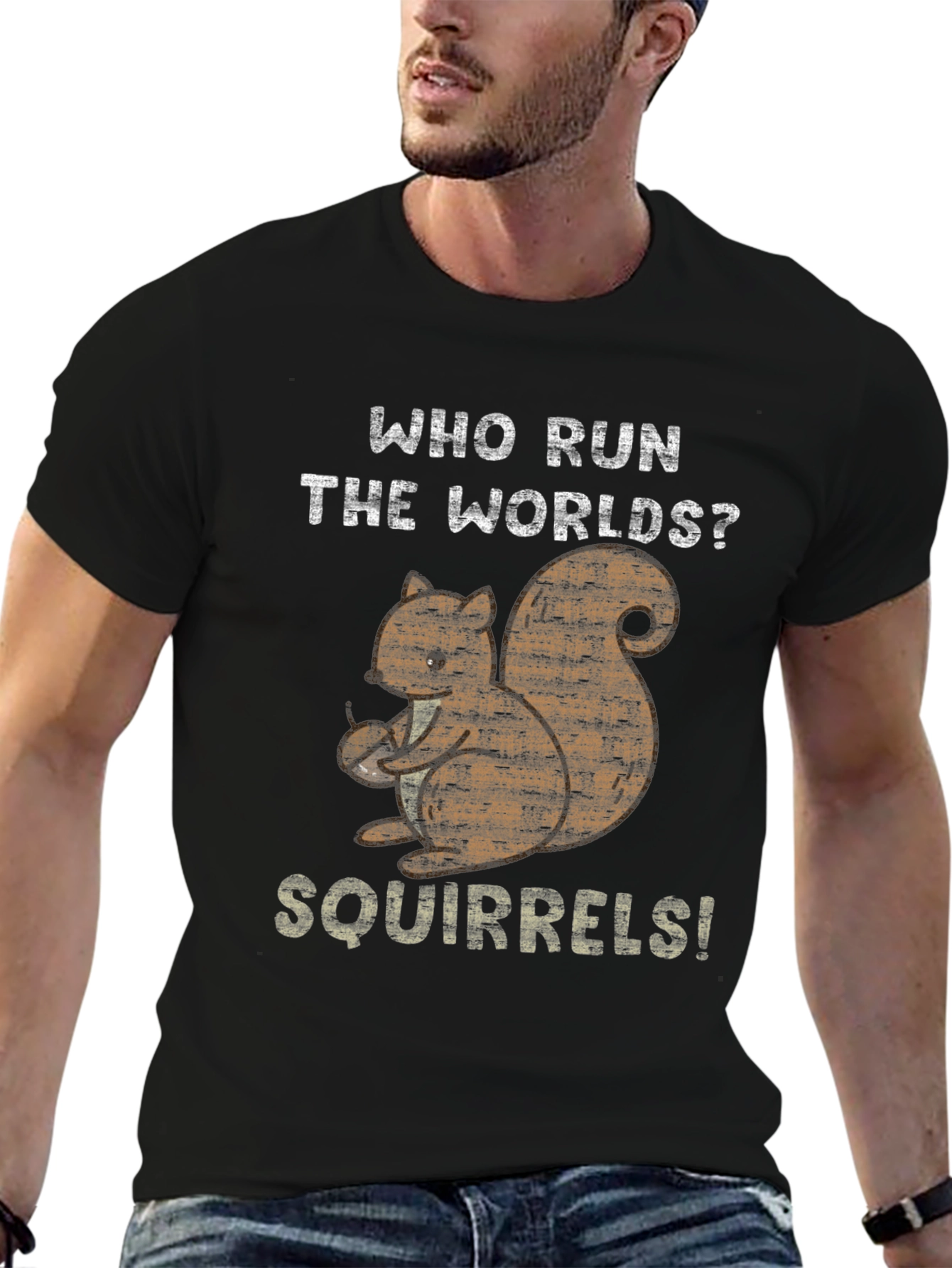 Black Who Run The Worlds? Squirrels! Black Cotton T-Shirt view 6