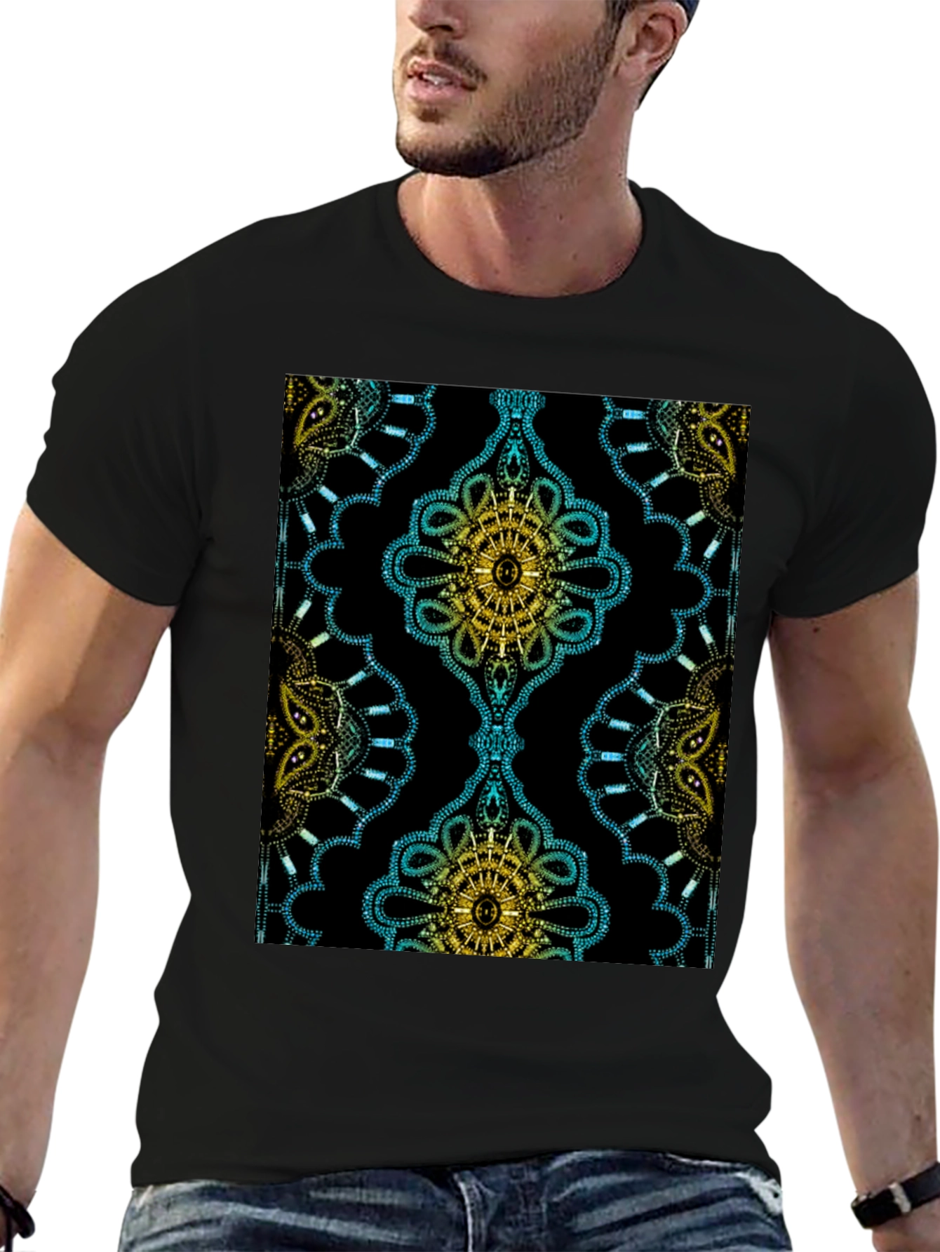 Black Patterned Black Crew Neck T-Shirt view 6