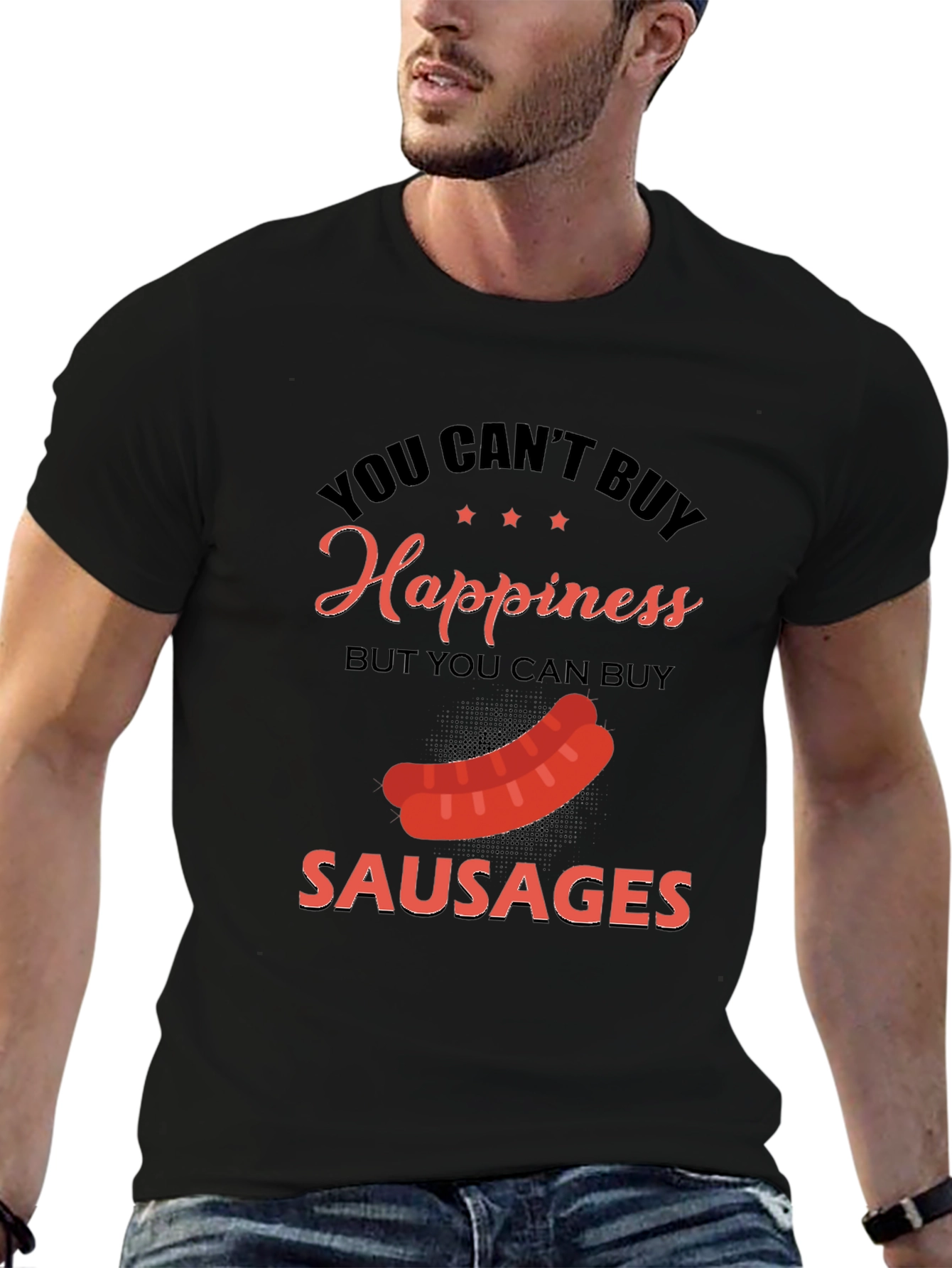 Black Funny Sausage T-Shirt: Buy Sausages, Buy Happiness! view 6