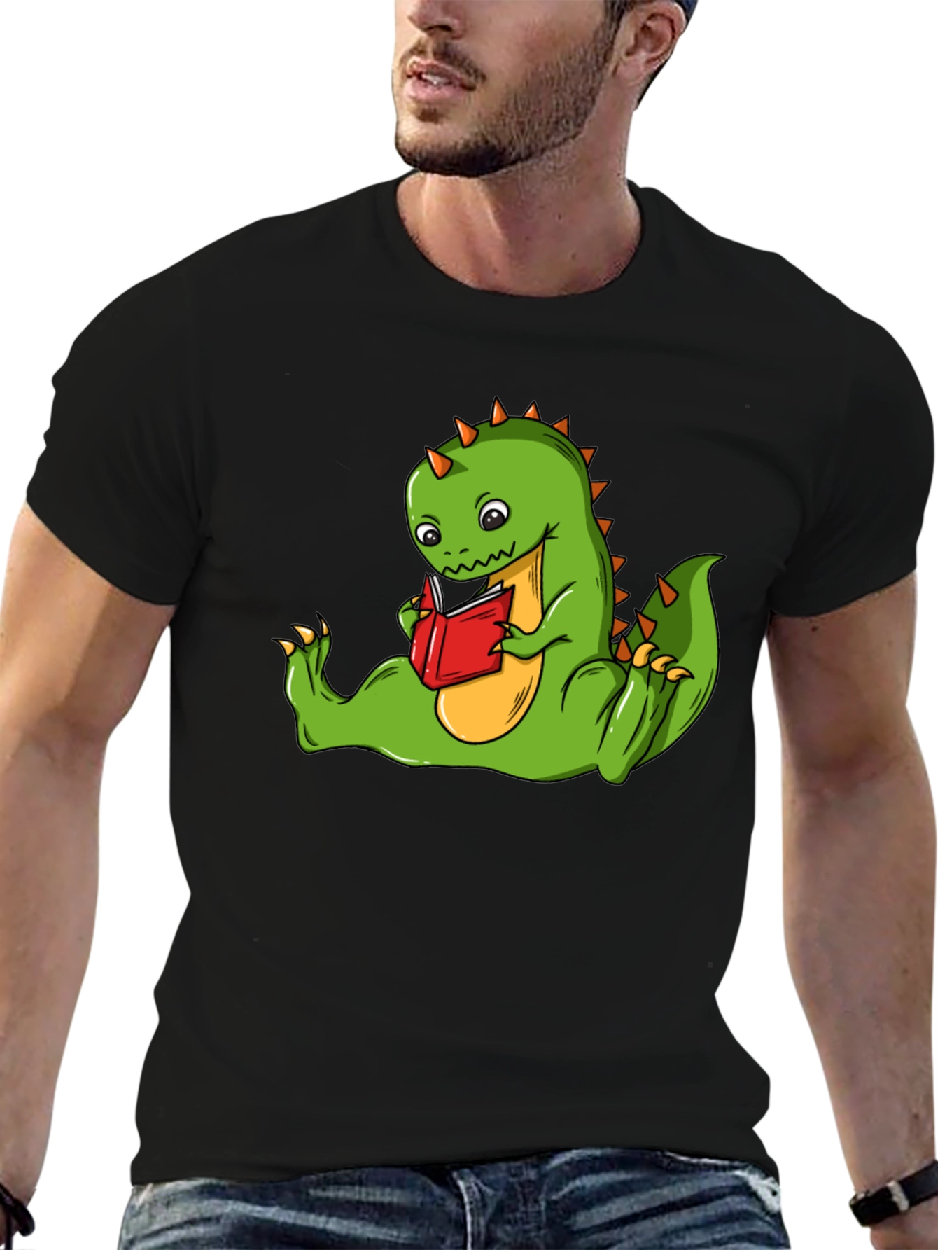 Black Dinosaur Reading Book T-Shirt - Fun Graphic Tee view 6