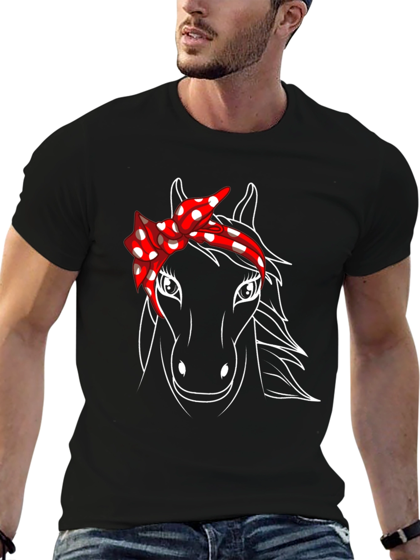 Black Horse Graphic Tee with Bandana - Black Casual T-Shirt view 6