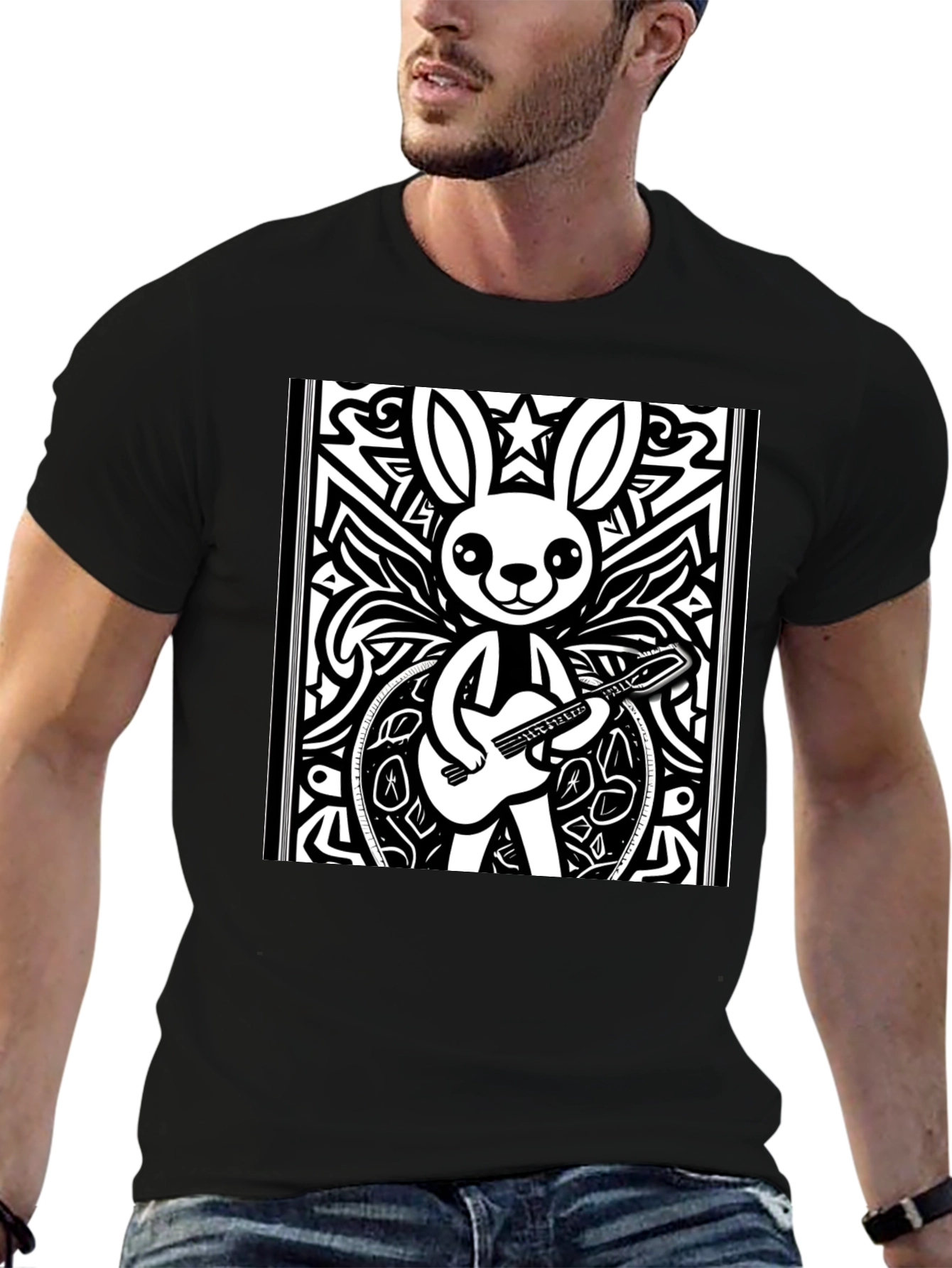 Black Cartoon Rabbit Guitarist Black T-Shirt view 6