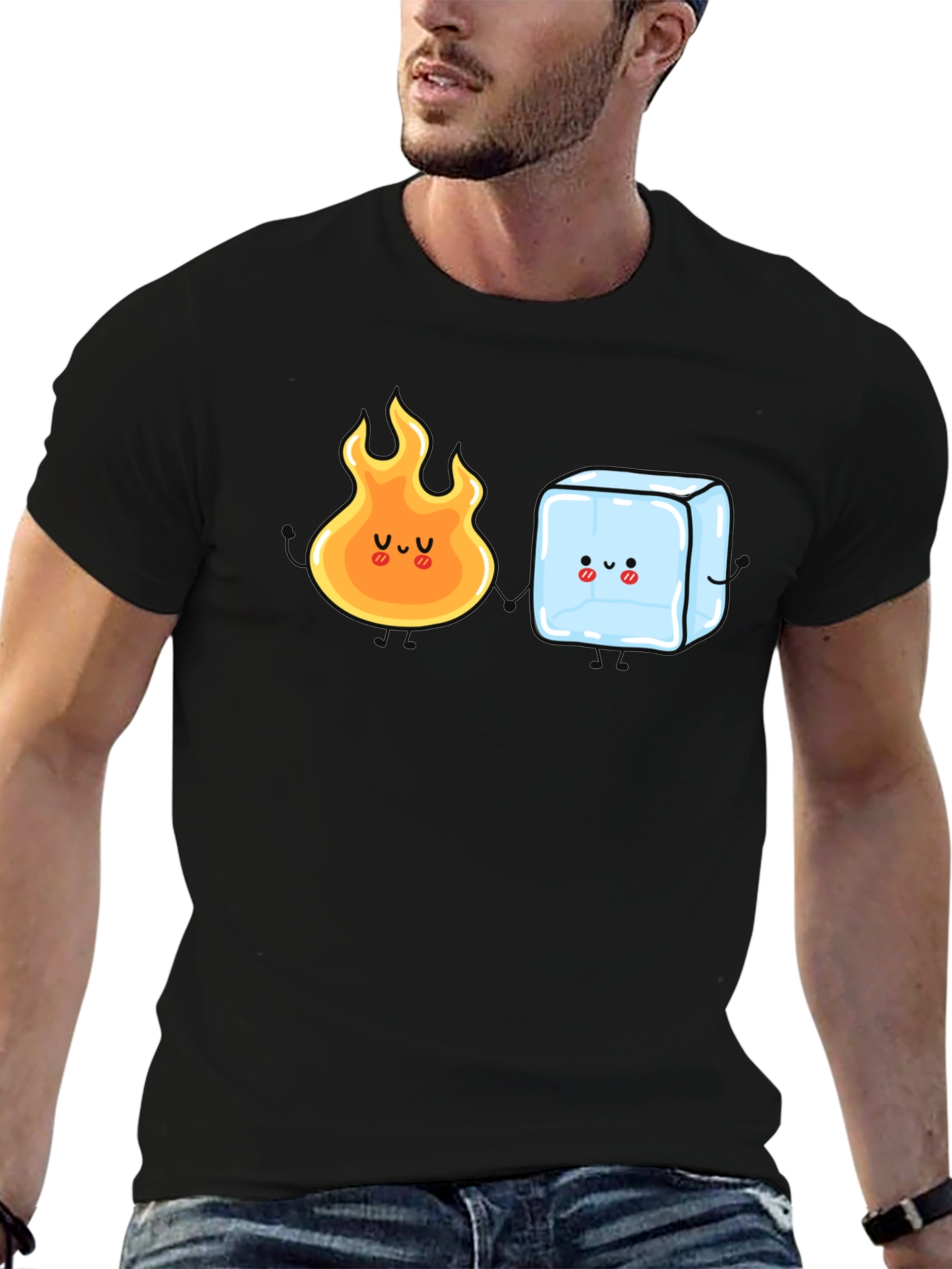 Black Cute Fire and Ice Cube Graphic T-Shirt view 6