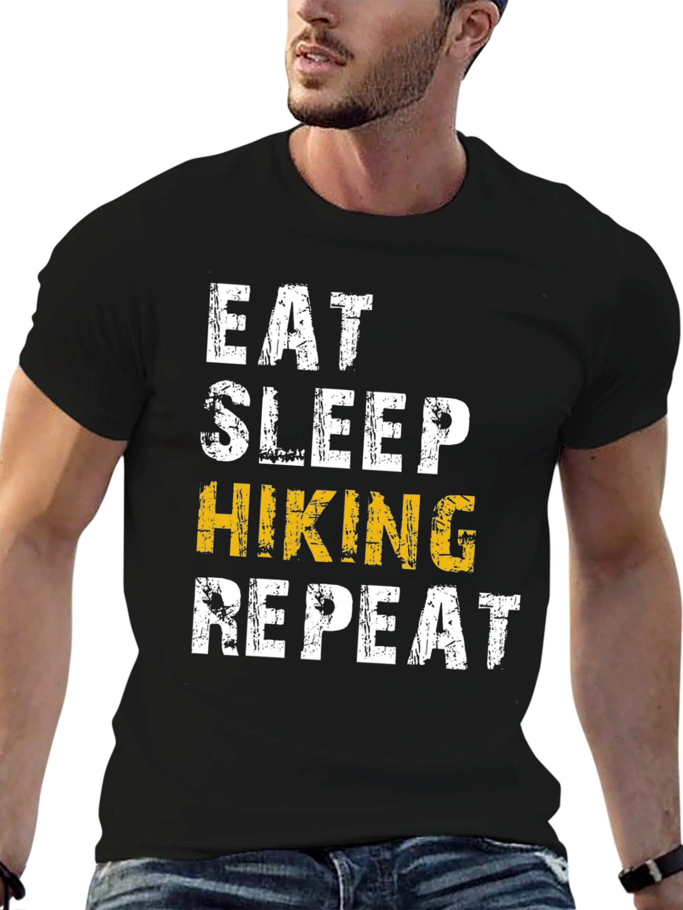 Black Eat Sleep Hiking Repeat T-Shirt - Black Cotton Tee view 6