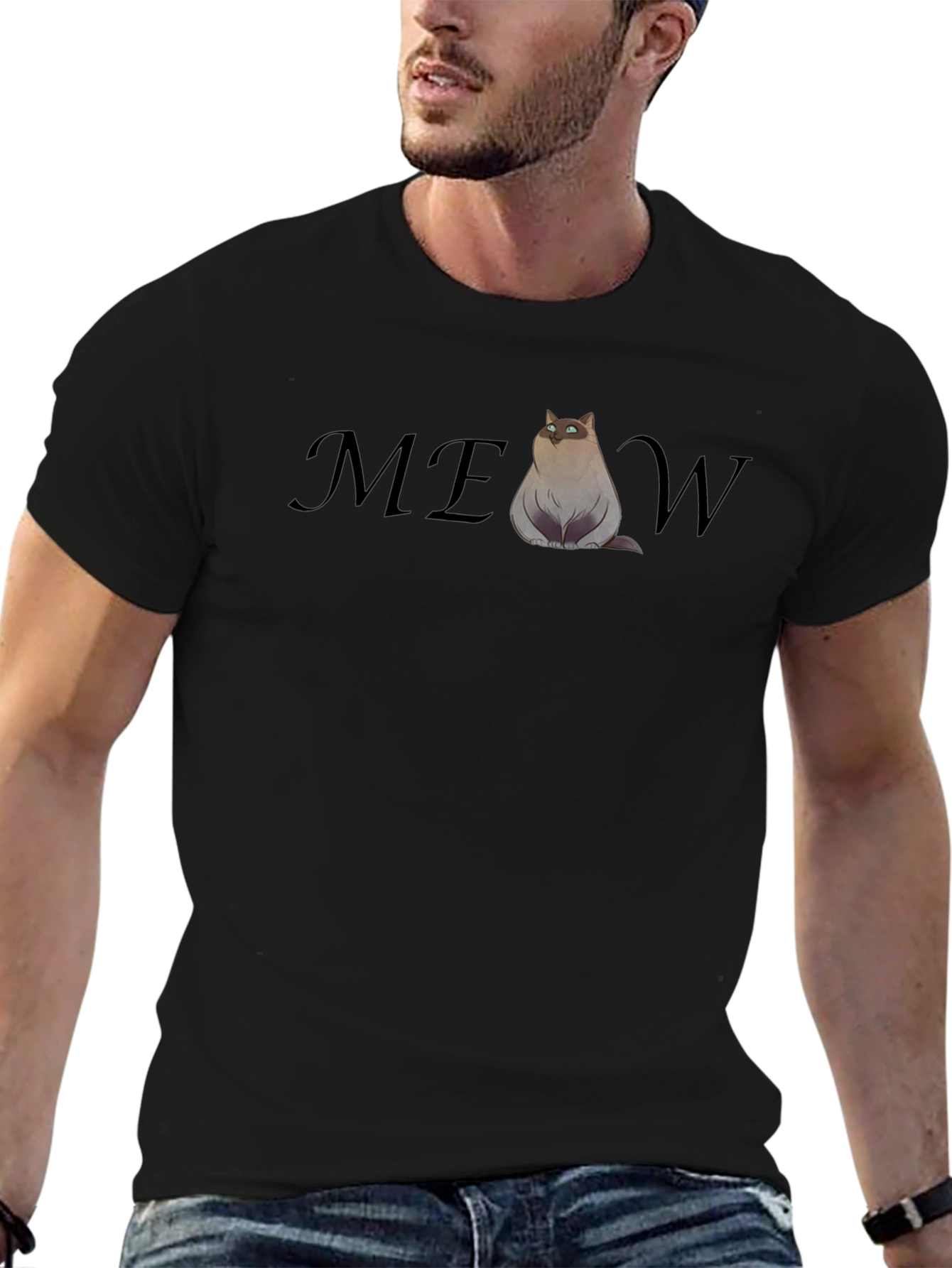 Black Funny Cat MEOW T-Shirt - Cool Graphic Tee view 6