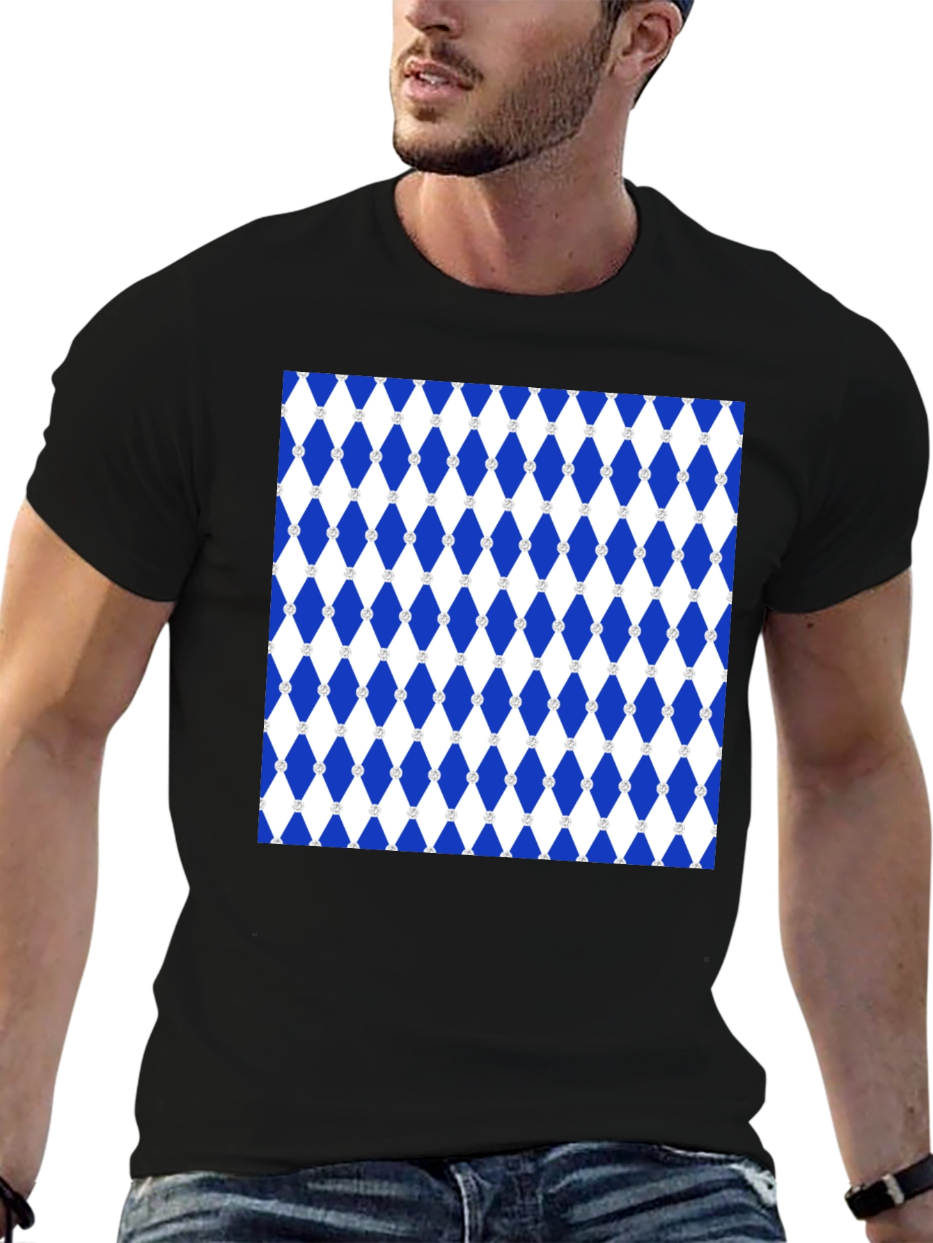 Black Blue Diamond Pattern Black T-Shirt view 6
