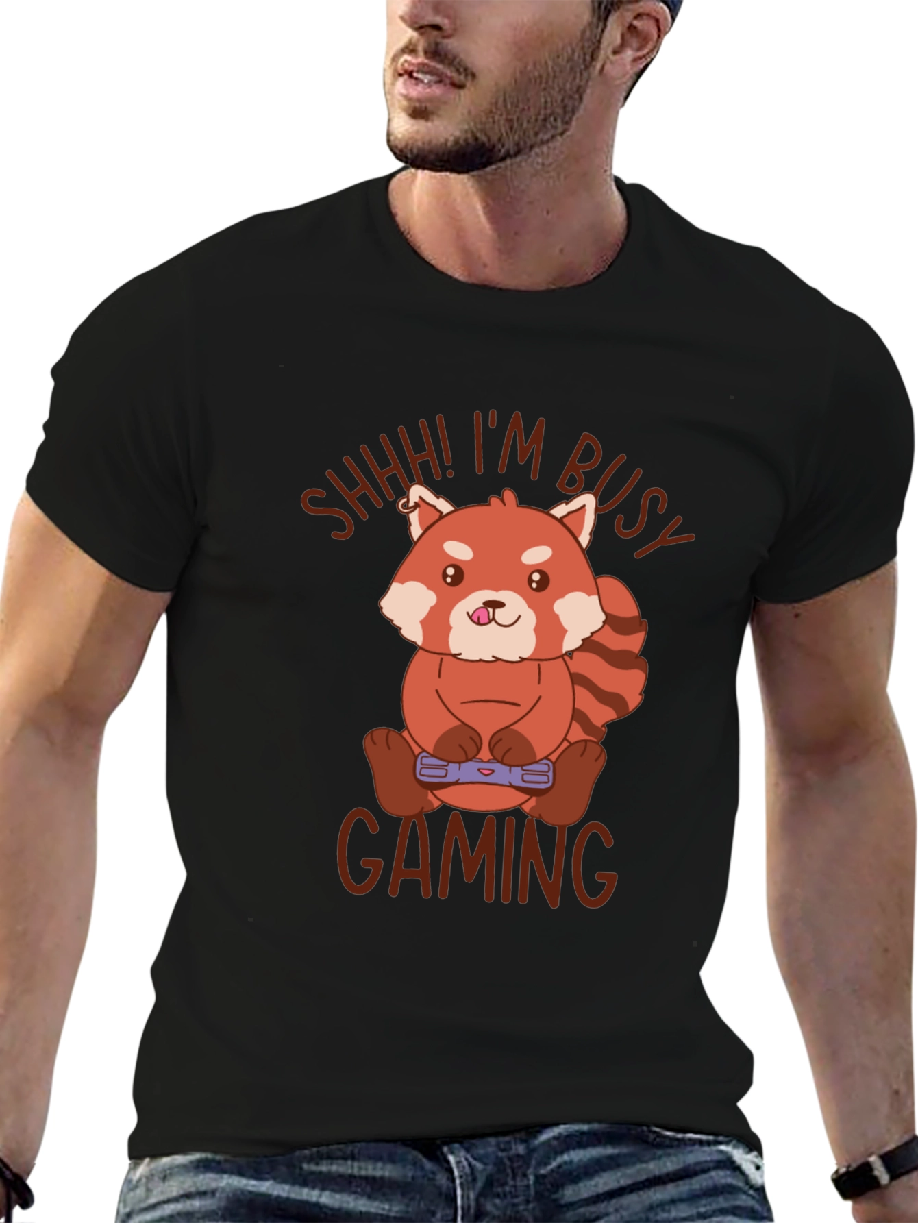 Black Gamer Red Panda T-Shirt - Shhh! I'm Busy Gaming view 6