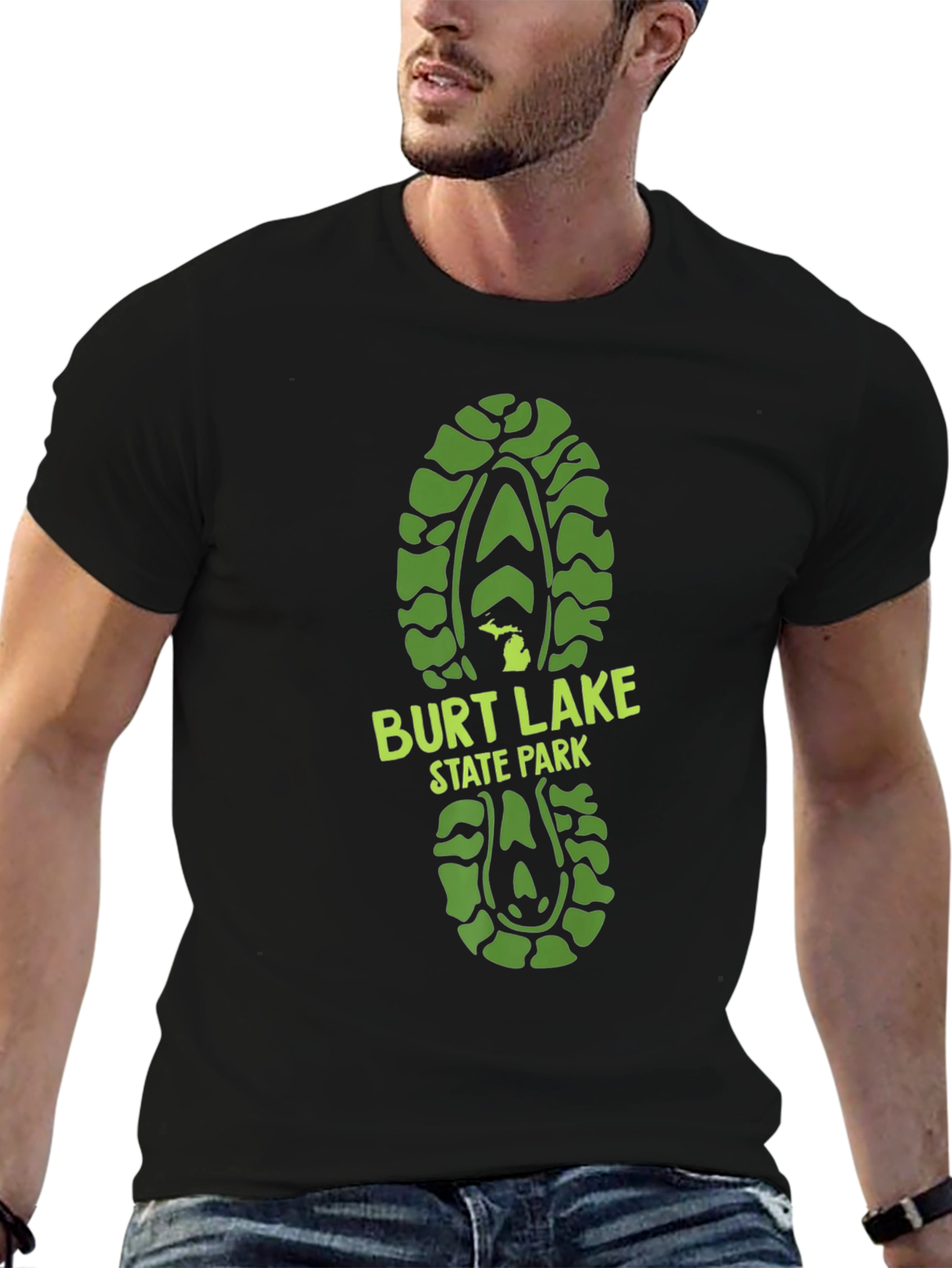 Black Burt Lake State Park Green Footprint T-Shirt view 6