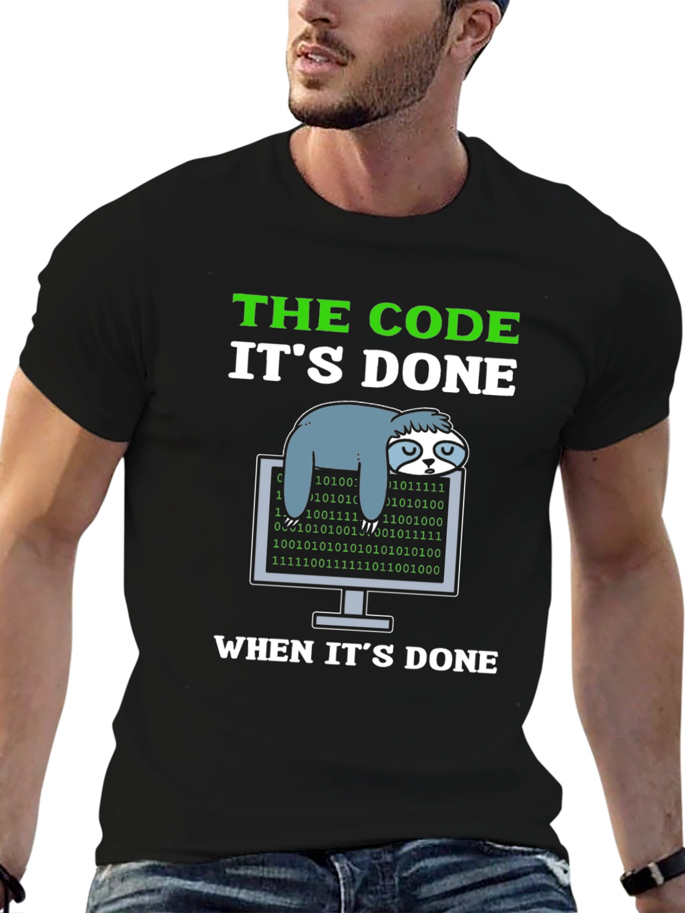 Black The Code It's Done Sloth Programmer T-Shirt view 6
