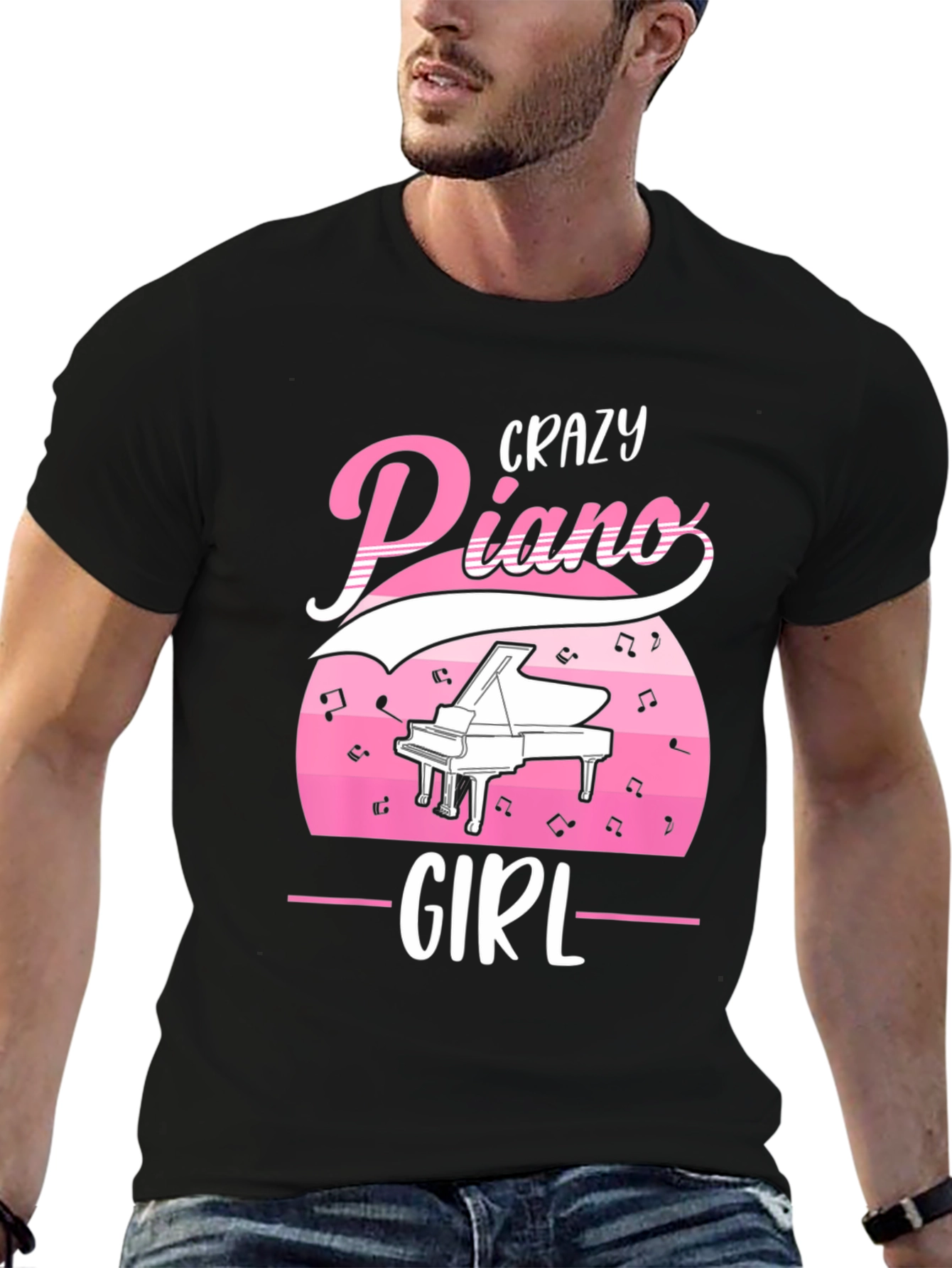 Black Crazy Piano Girl T-Shirt - Music Lover Tee view 6