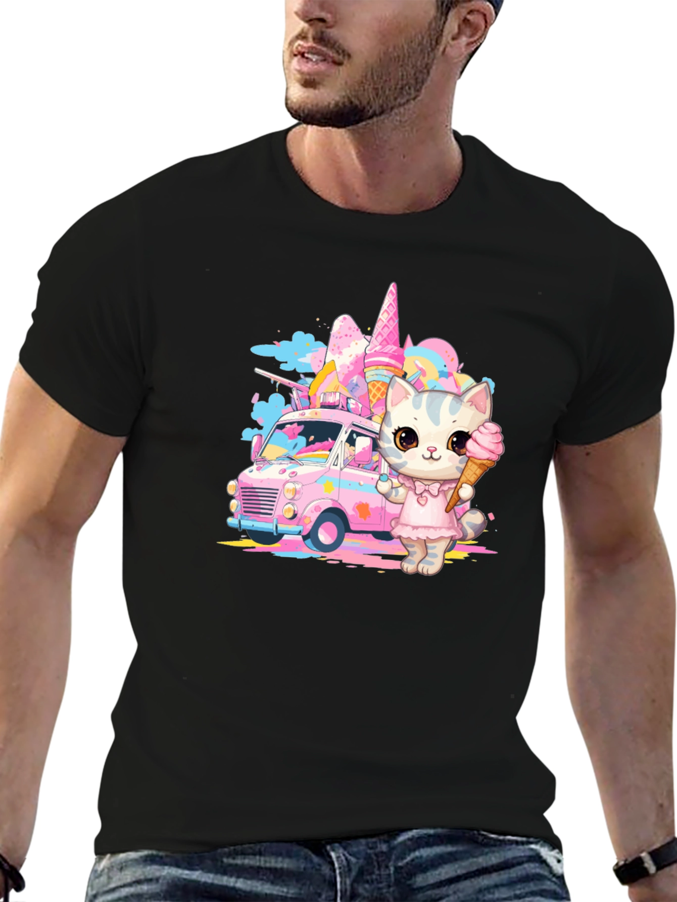 Black Cute Cat Ice Cream Truck Graphic T-Shirt view 6