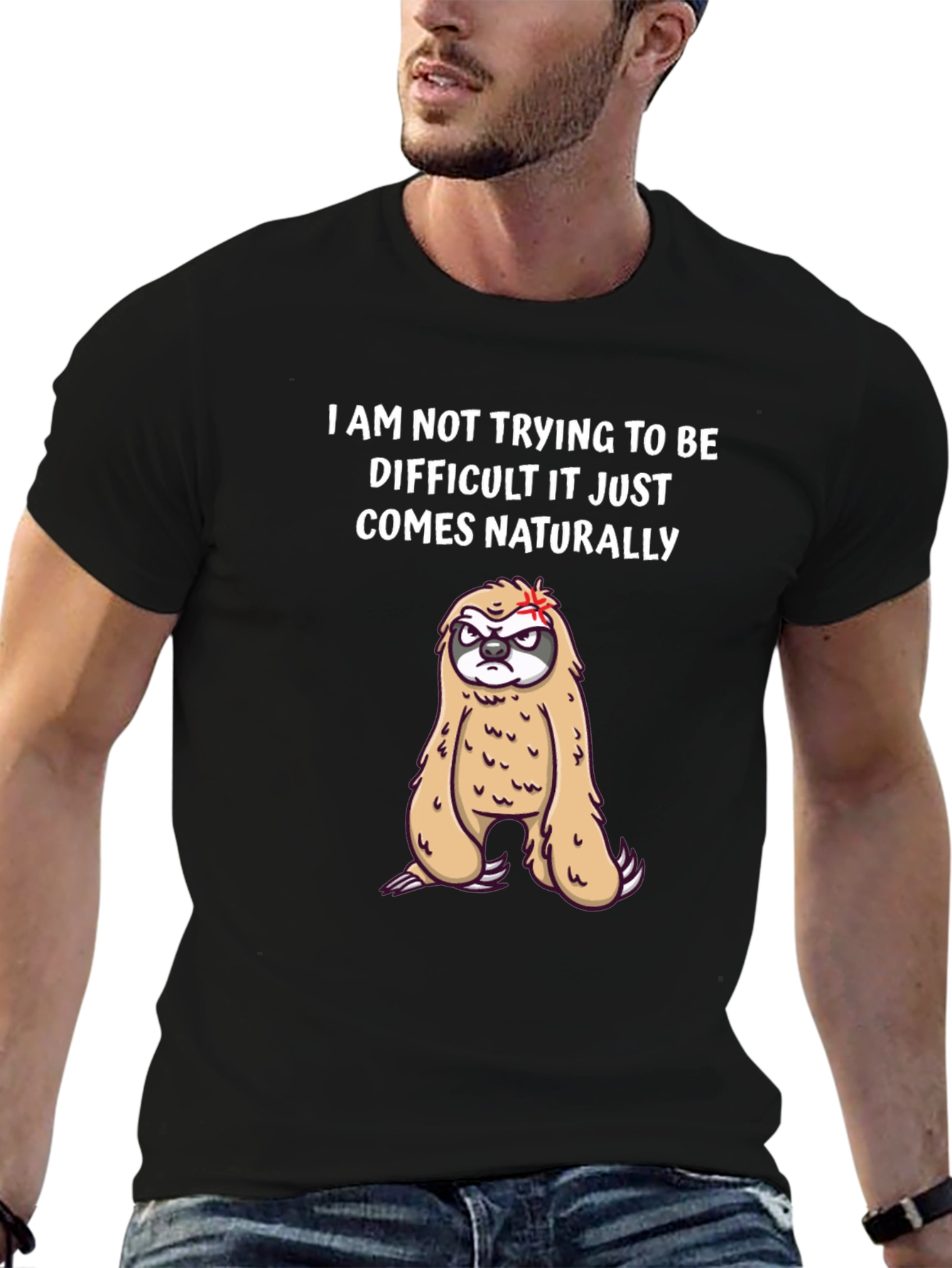 Black Funny Sloth Graphic Tee - 'Naturally Difficult' Humor T-Shirt view 6