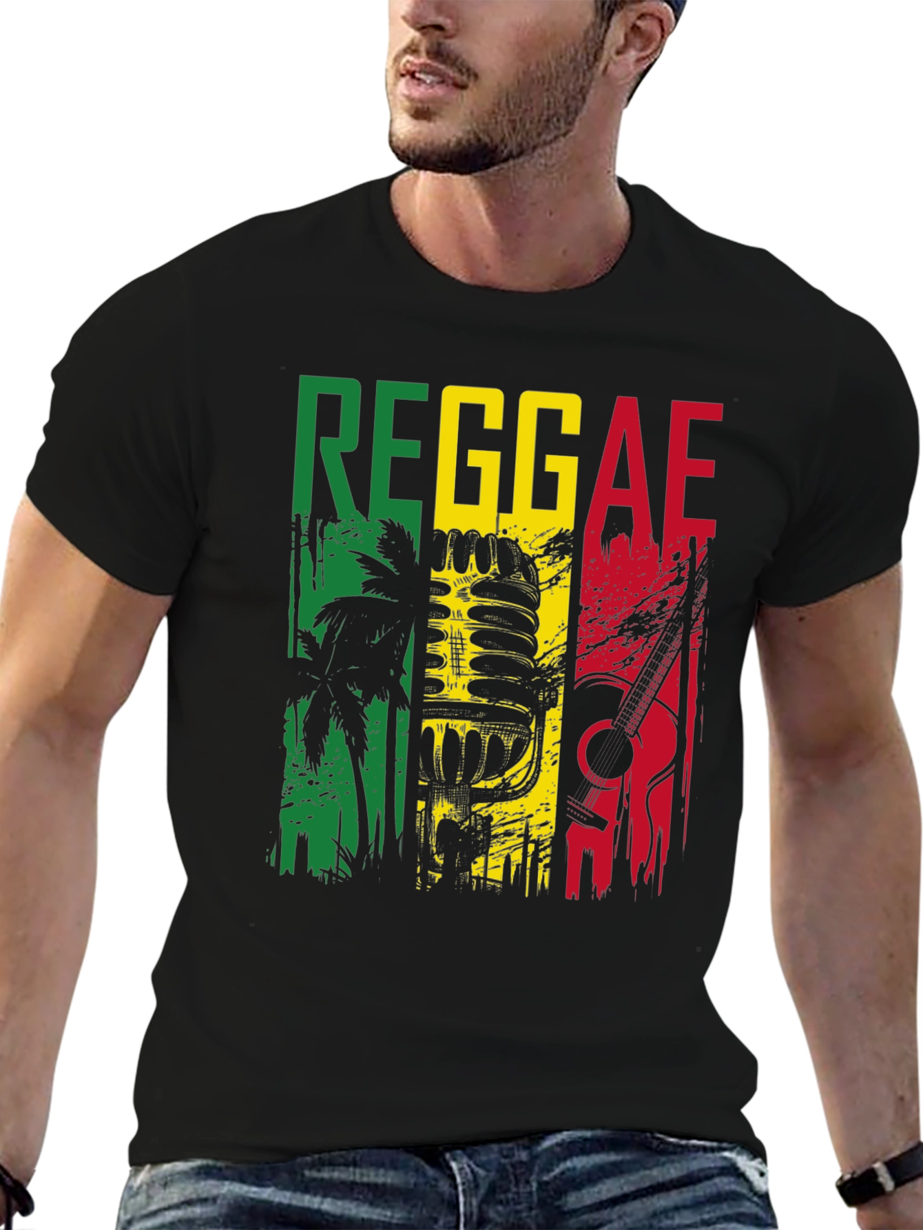 Black Reggae Music Graphic T-Shirt - Rasta Colors Design view 6