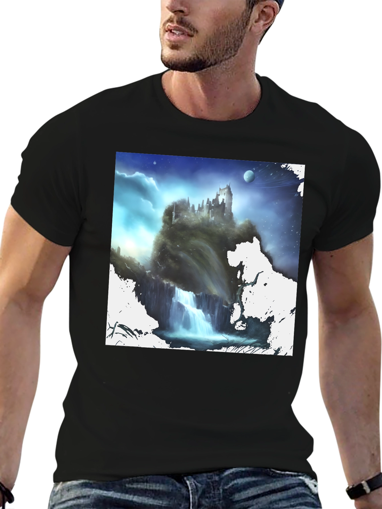 Black Fantasy Castle Waterfall Graphic Black T-Shirt view 6