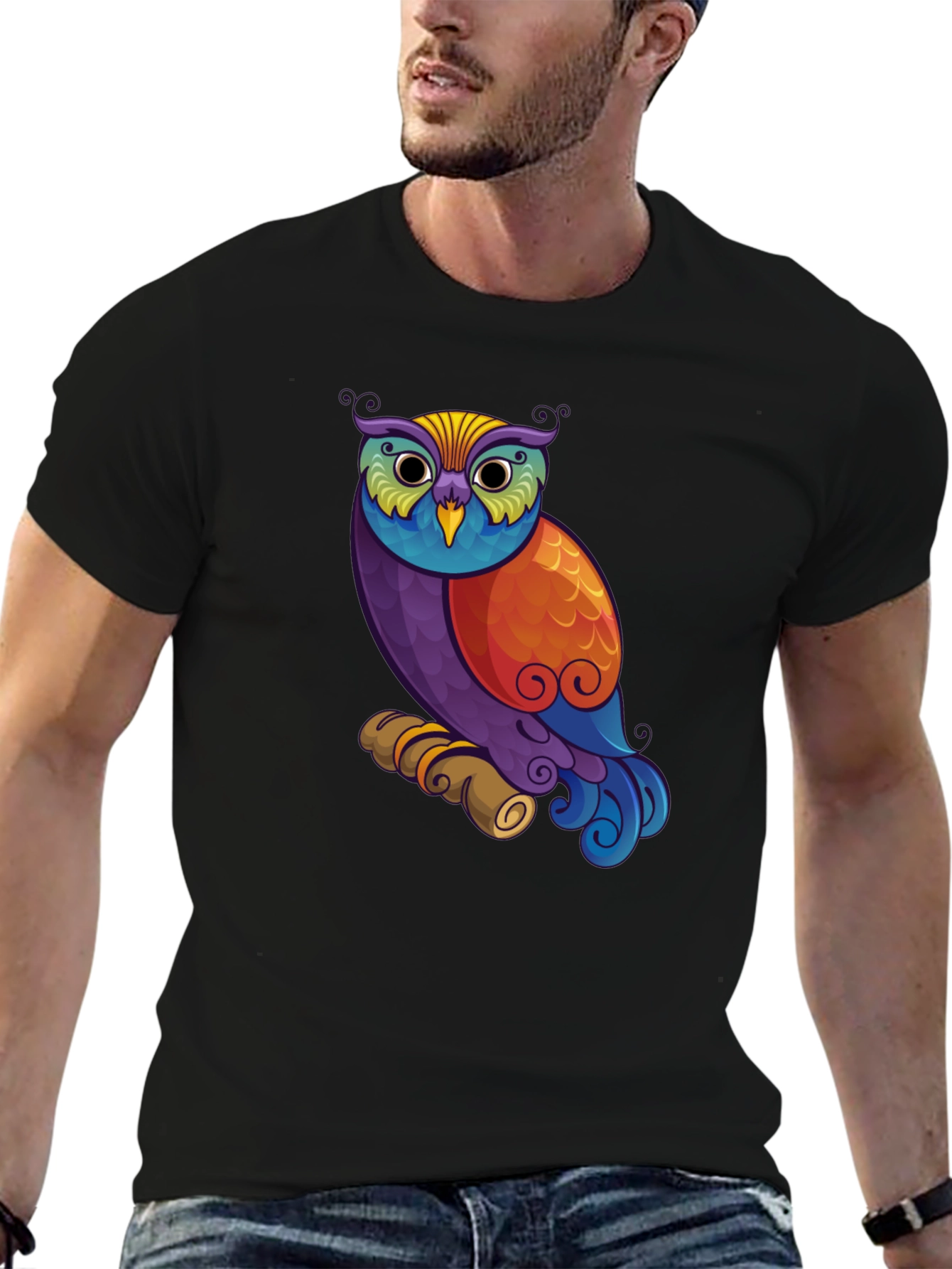 Black Colorful Owl Graphic Print Black T-Shirt view 6