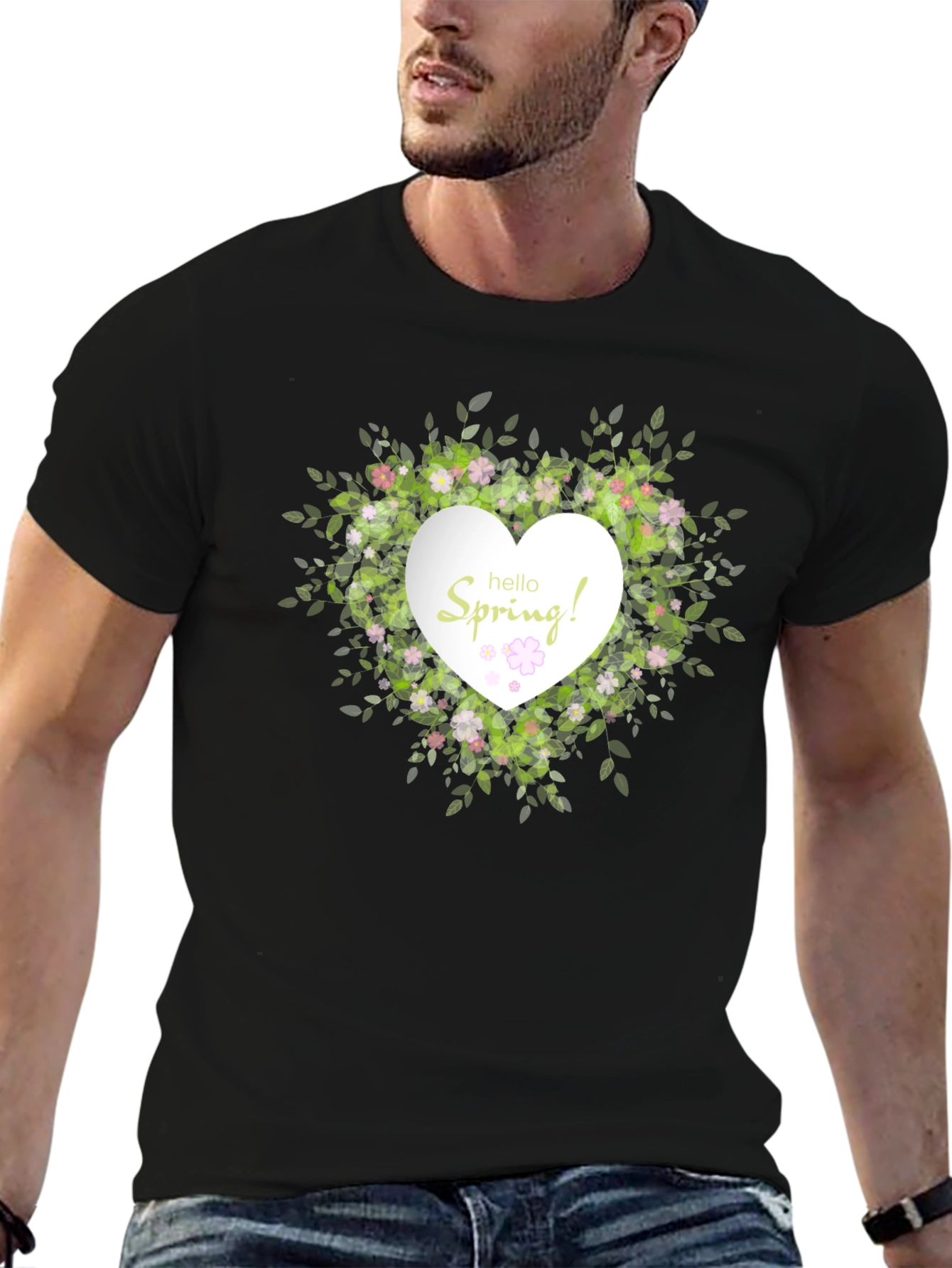 Black Spring Floral Heart T-Shirt - Black Cotton Tee view 6