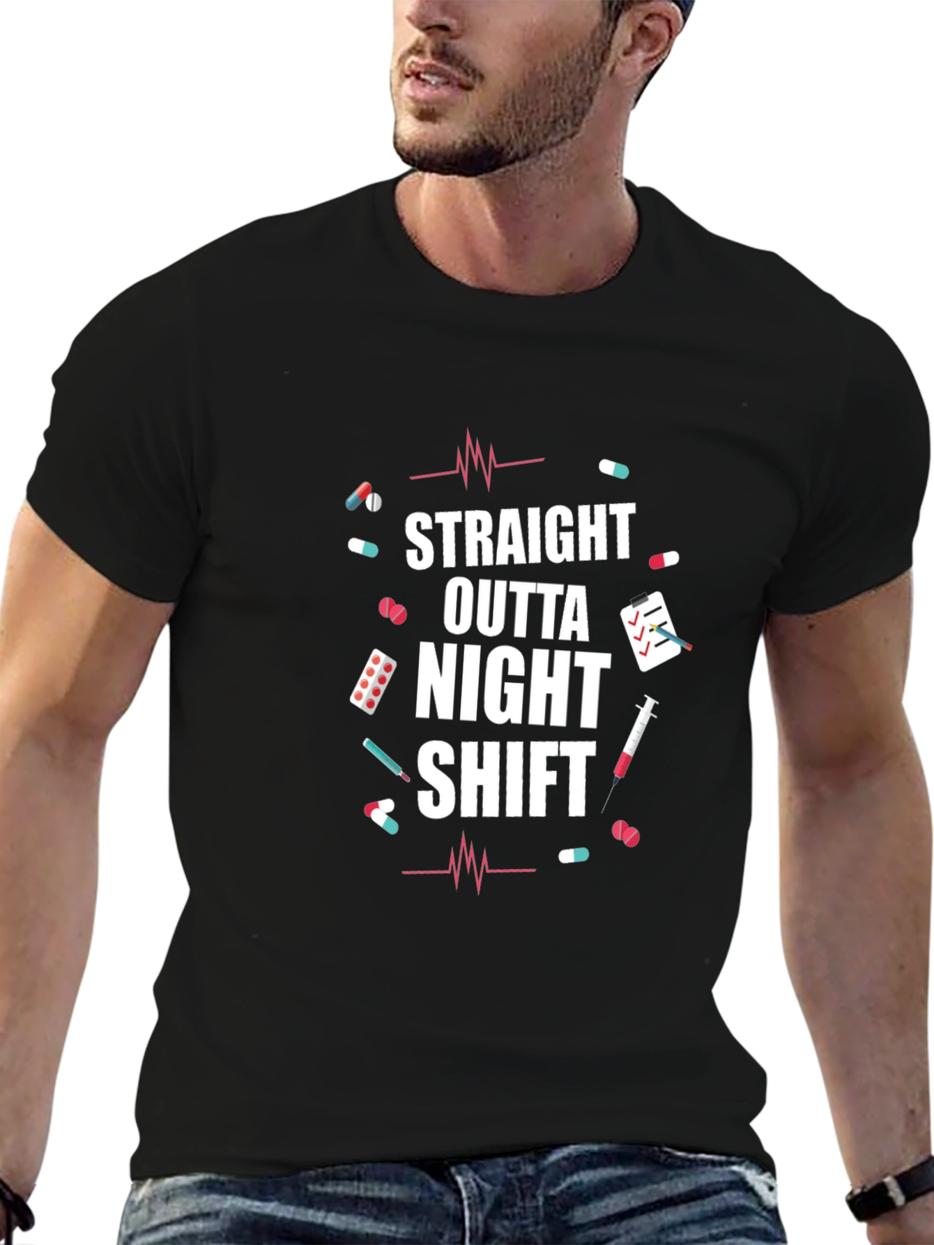 Black Straight Outta Night Shift T-Shirt view 6