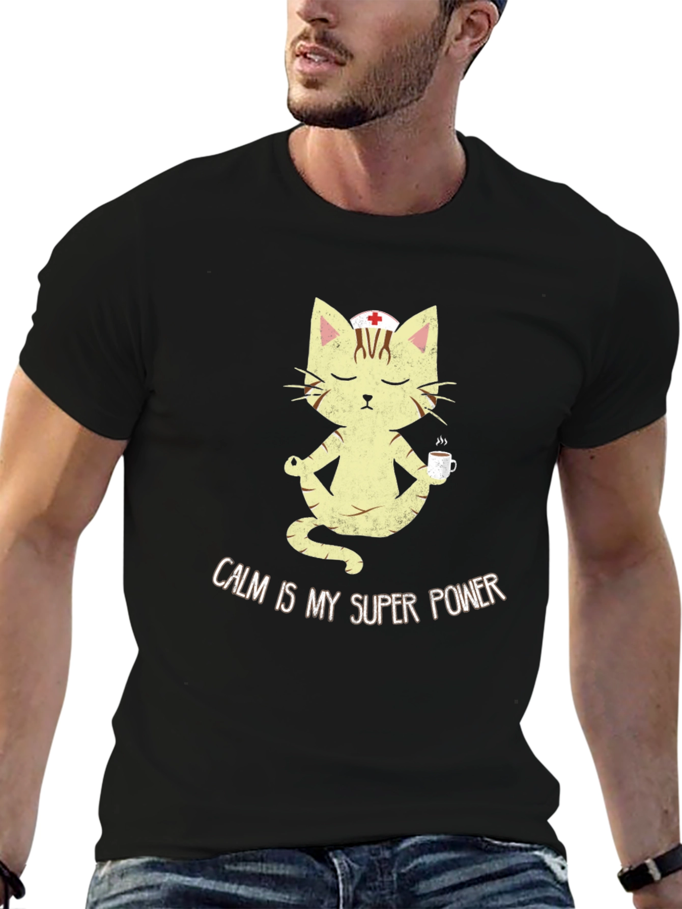 Black Calm is My Superpower Nurse Cat T-Shirt view 6