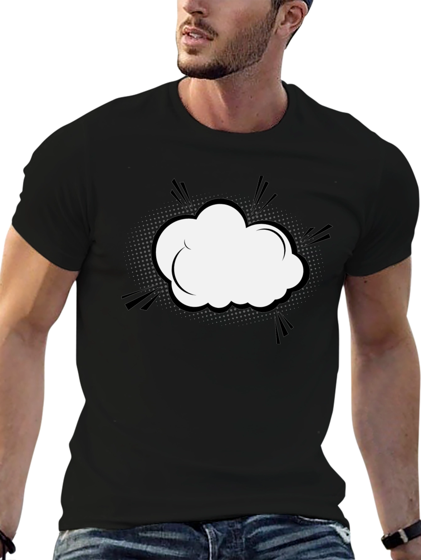 Black Men's Black T-Shirt with Comic Cloud Graphic view 6